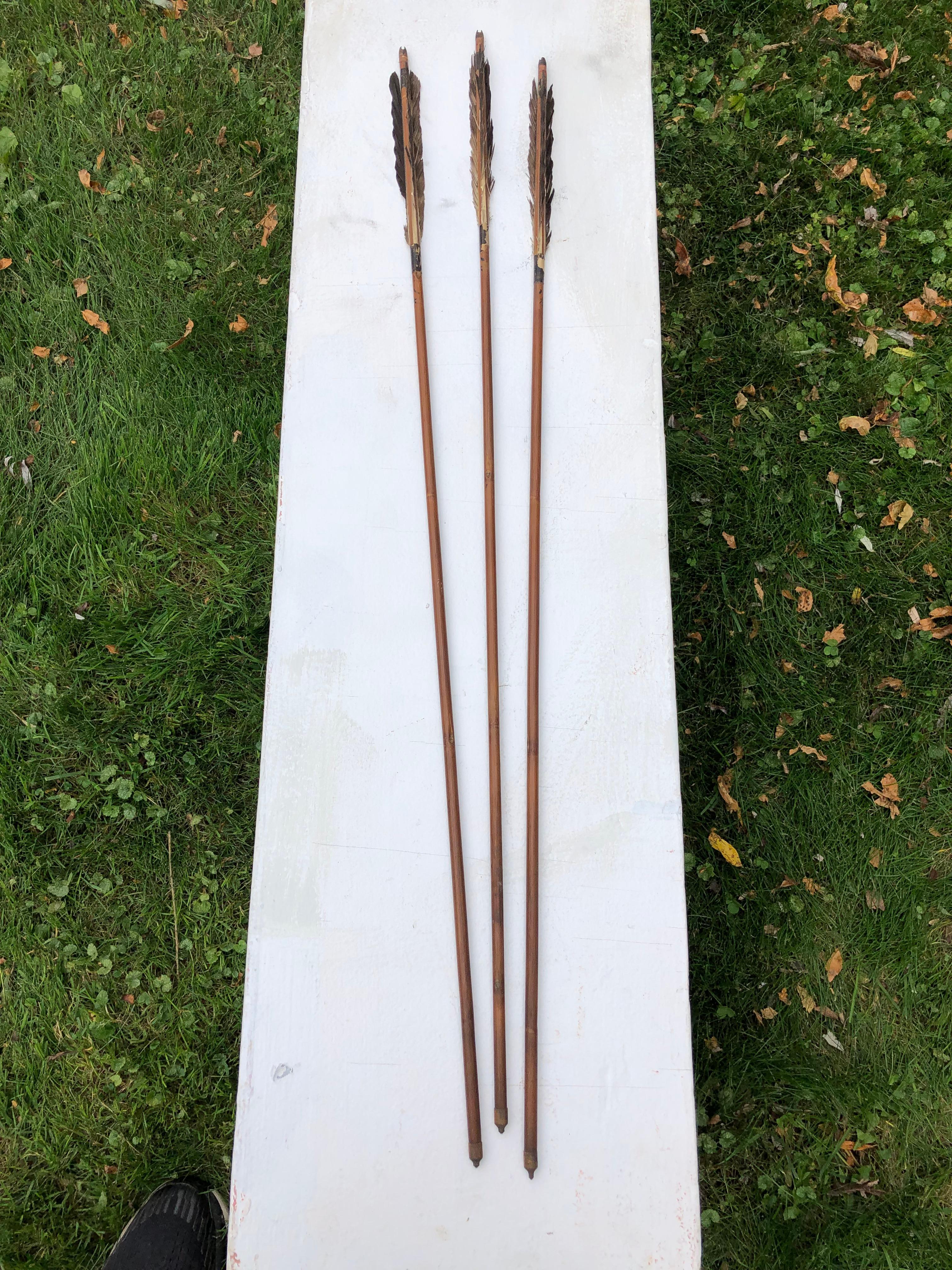 Taisho Japanese Antique Samurai Three Carved Bamboo and Iron Arrows, Hard to Find