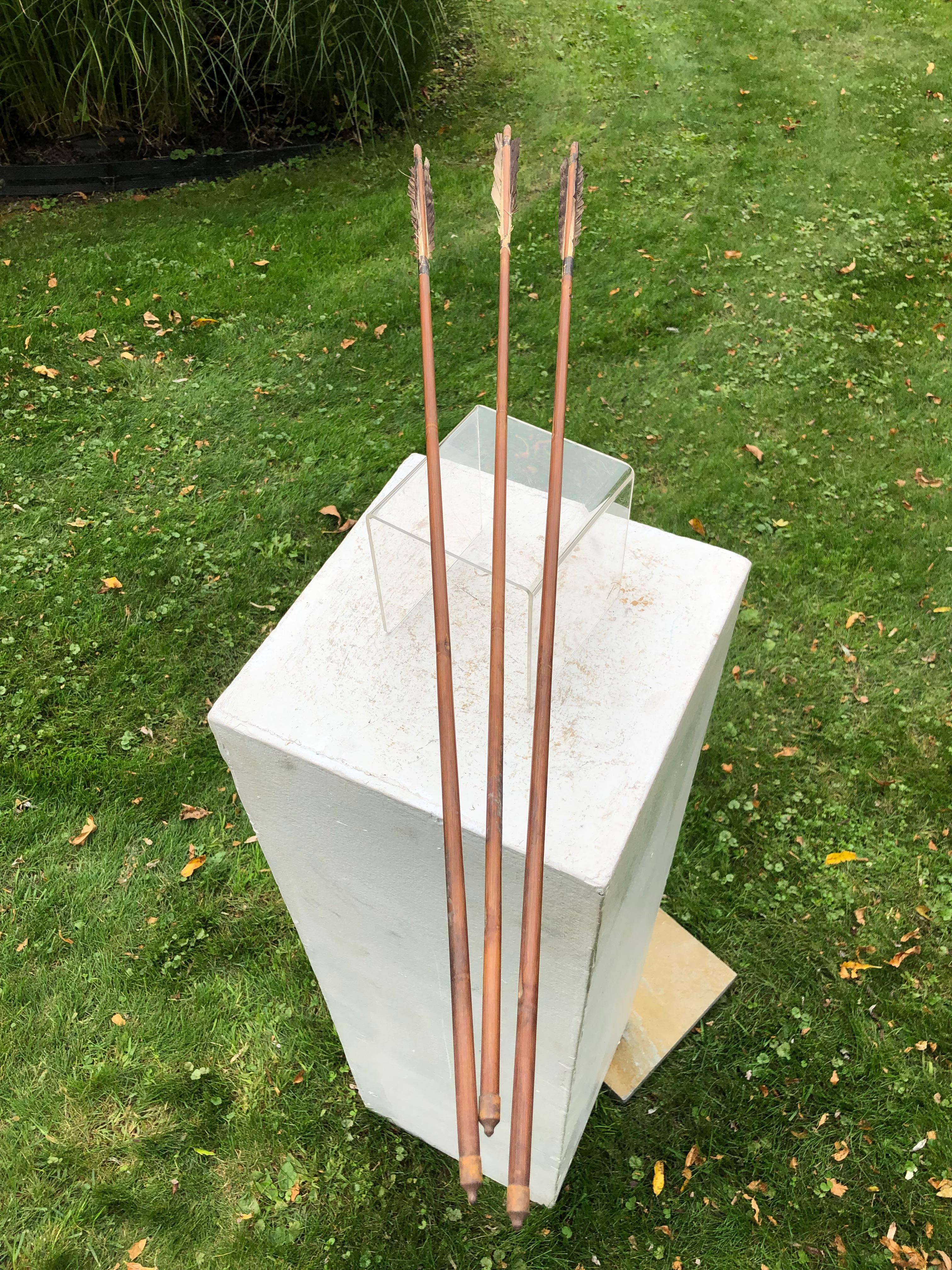 Hand-Carved Japanese Antique Samurai Three Carved Bamboo and Iron Arrows, Hard to Find