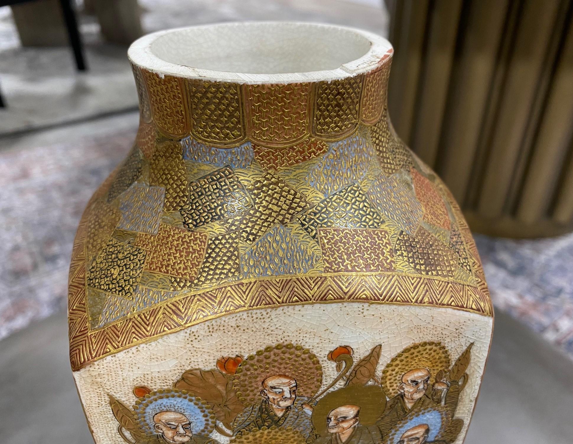 Japanese Antique Satsuma Pottery Buddhist Monks Vase with Shimazu Crest Mark For Sale 4