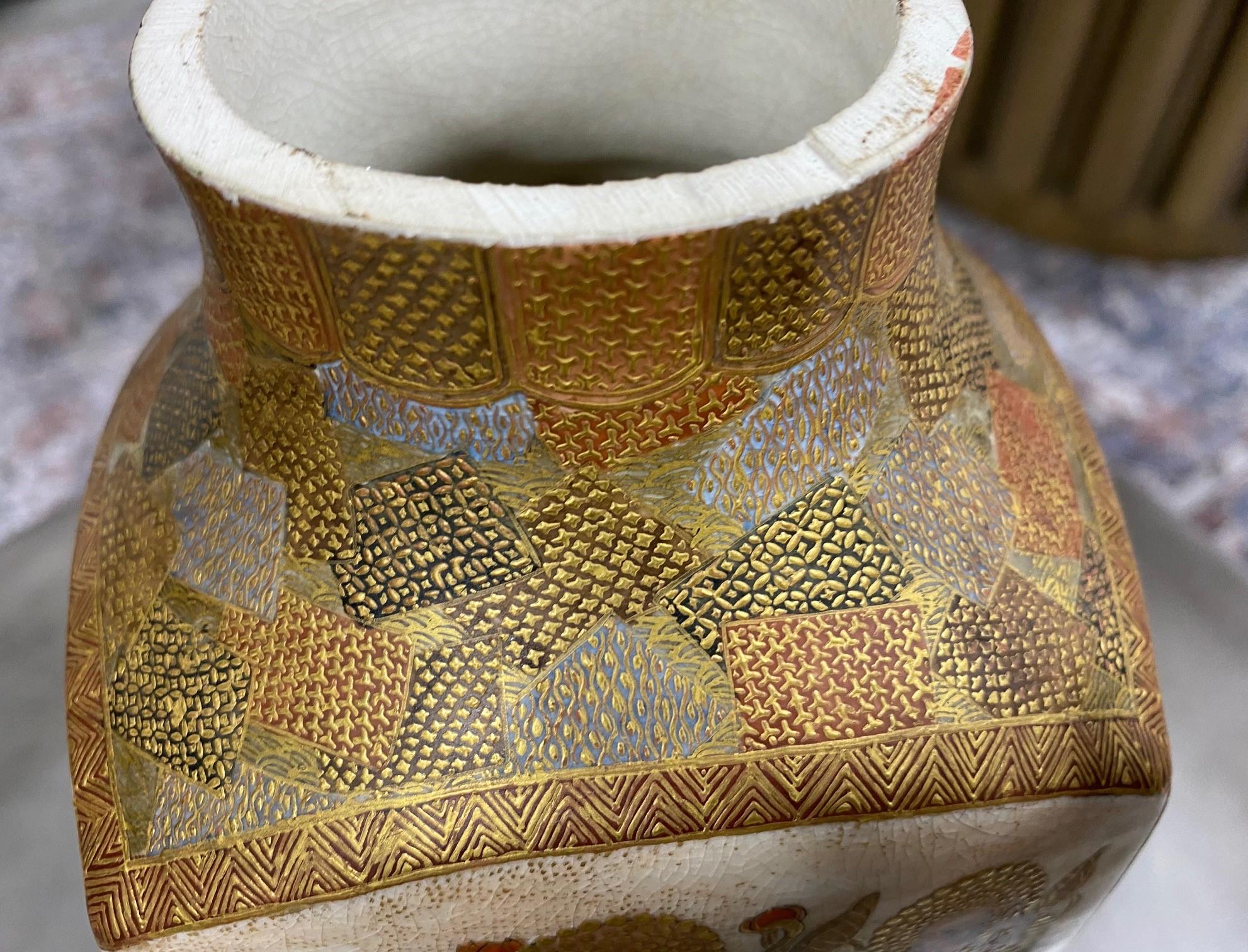 Japanese Antique Satsuma Pottery Buddhist Monks Vase with Shimazu Crest Mark For Sale 5