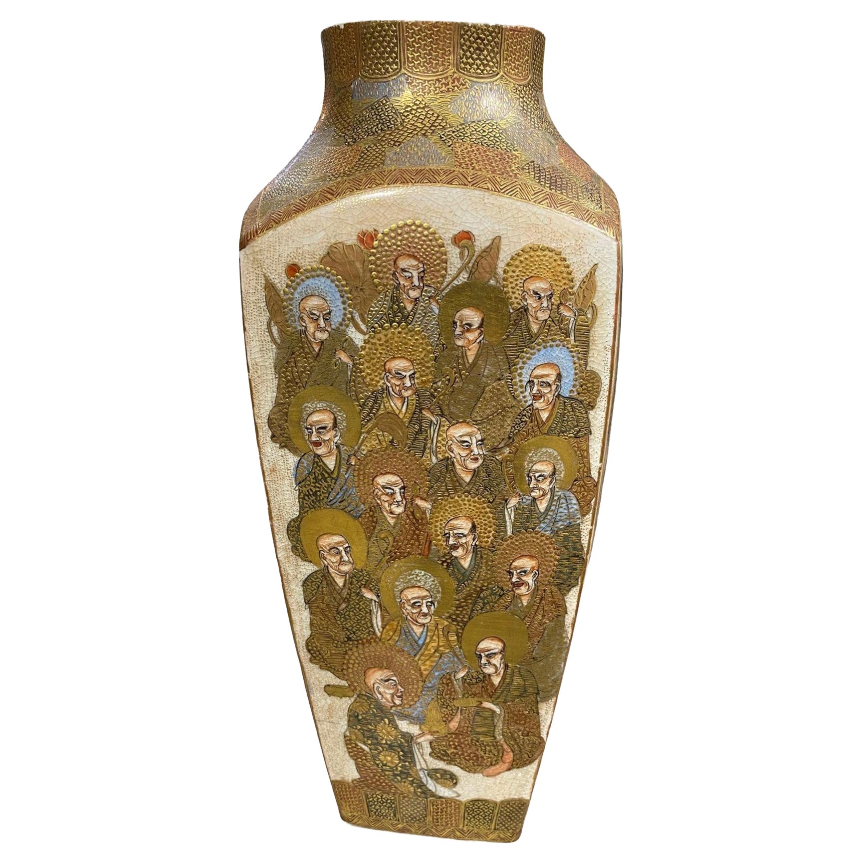Japanese Antique Satsuma Pottery Buddhist Monks Vase with Shimazu Crest Mark