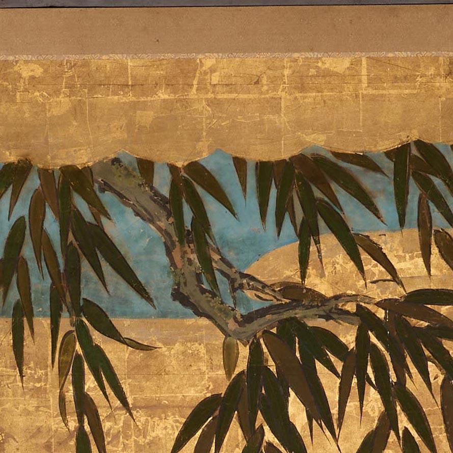 Antique Japanese 6 panel screen from the early Edo period (C1650). One of a pair (both available). This magnificent golden screen shows an omnipotent or 'gods eye' view, down through the clouds and willow trees to the stream below, showing a