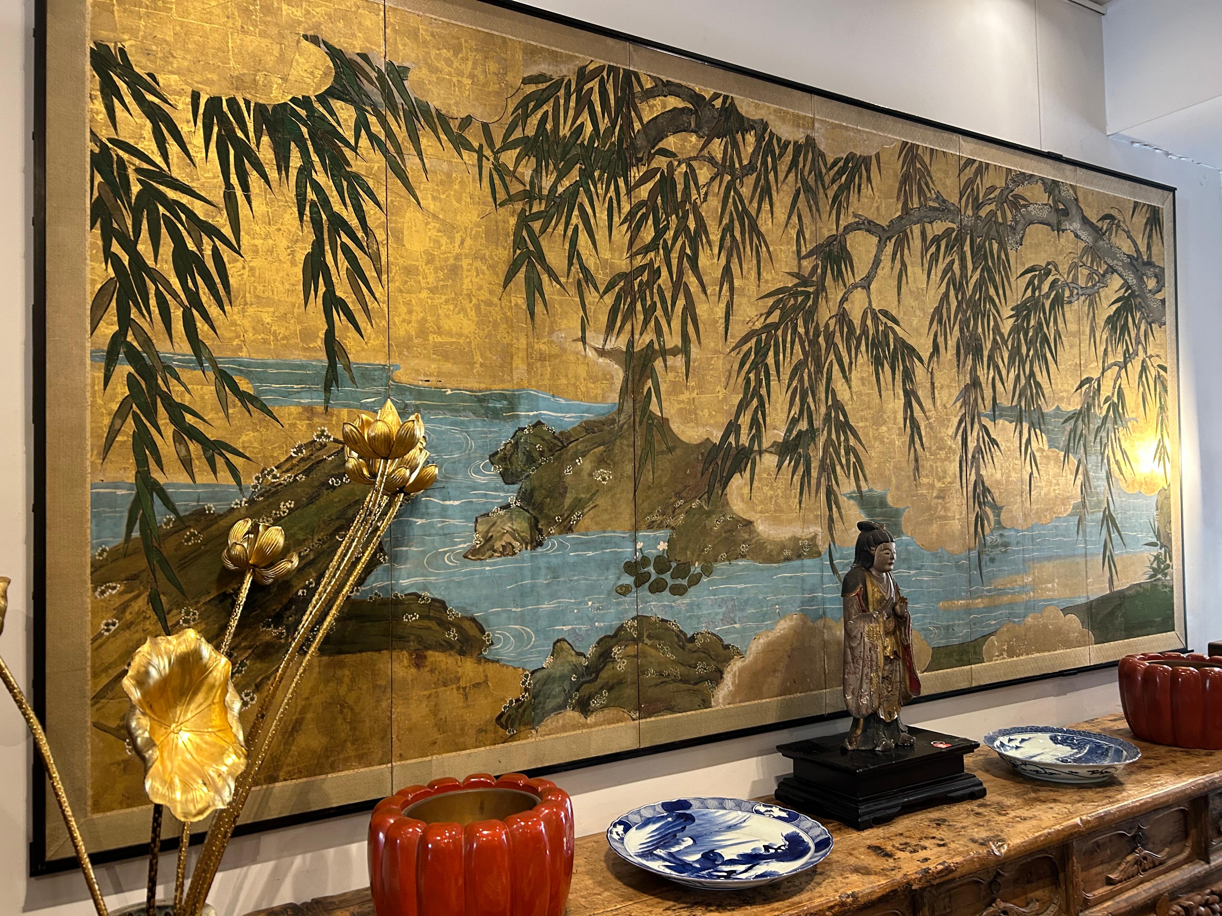 Painted Japanese antique screen - EDO period - Willow over a stream For Sale