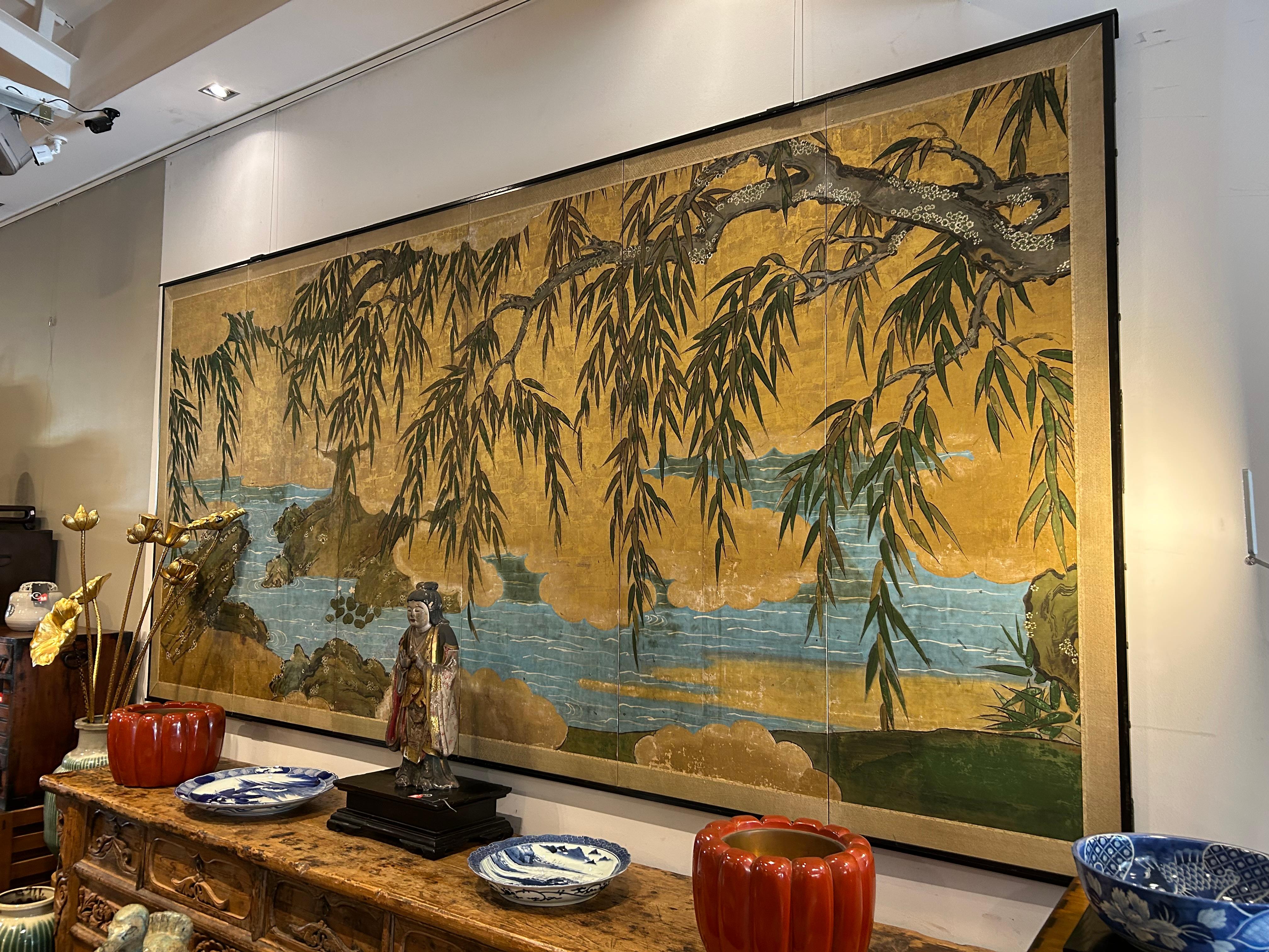 Japanese antique screen - EDO period - Willow over a stream In Good Condition For Sale In Prahran, Victoria