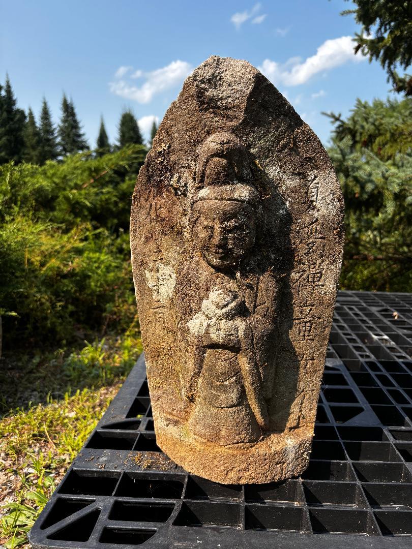 Hand-Carved Japanese Antique Serene Stone Buddha Kanon Guan Yin, Edo Period Signed 19c