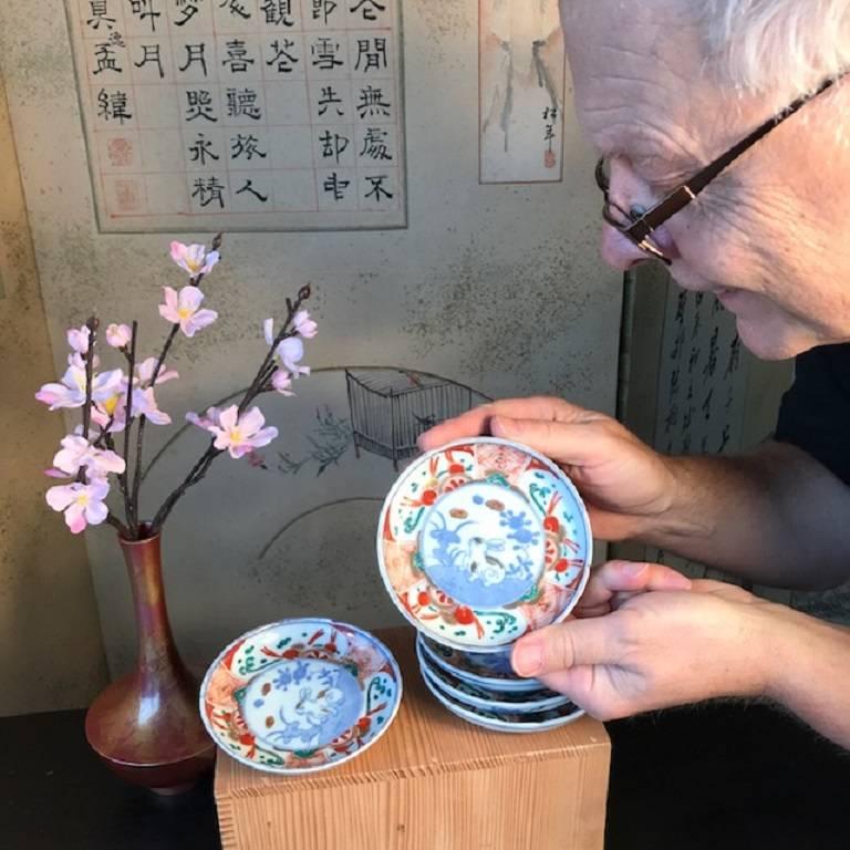 From our most recent Japanese acquisitions trip comes this rare set of five (5) beautiful antique ceramic playful rabbit plates from old Japan dating to the early 20th century, Taisho period, probably the Imari kiln. 

A rare find. Fine