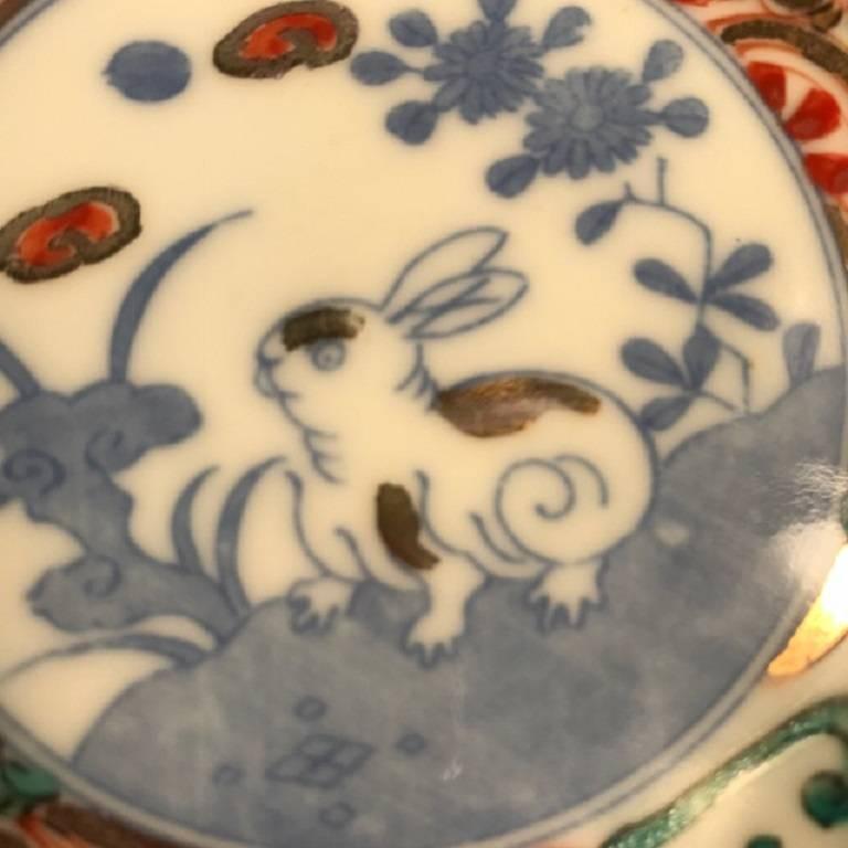 Taisho Japanese Antique Playful Rabbits Five Serving Plates & Fine Details