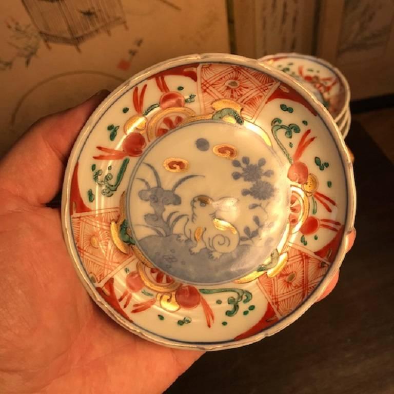 Japanese Antique Playful Rabbits Five Serving Plates & Fine Details In Good Condition In South Burlington, VT