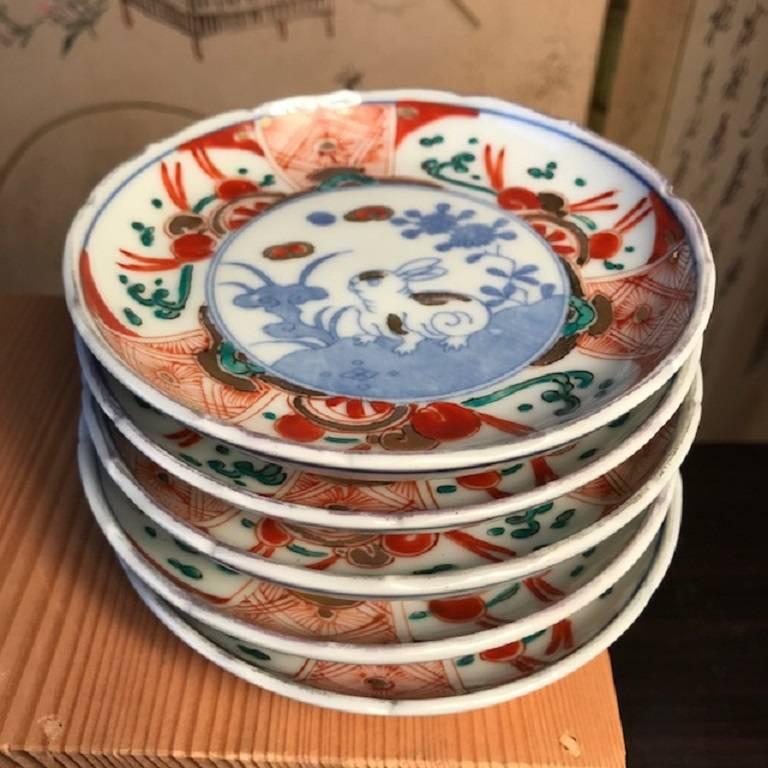 20th Century Japanese Antique Playful Rabbits Five Serving Plates & Fine Details