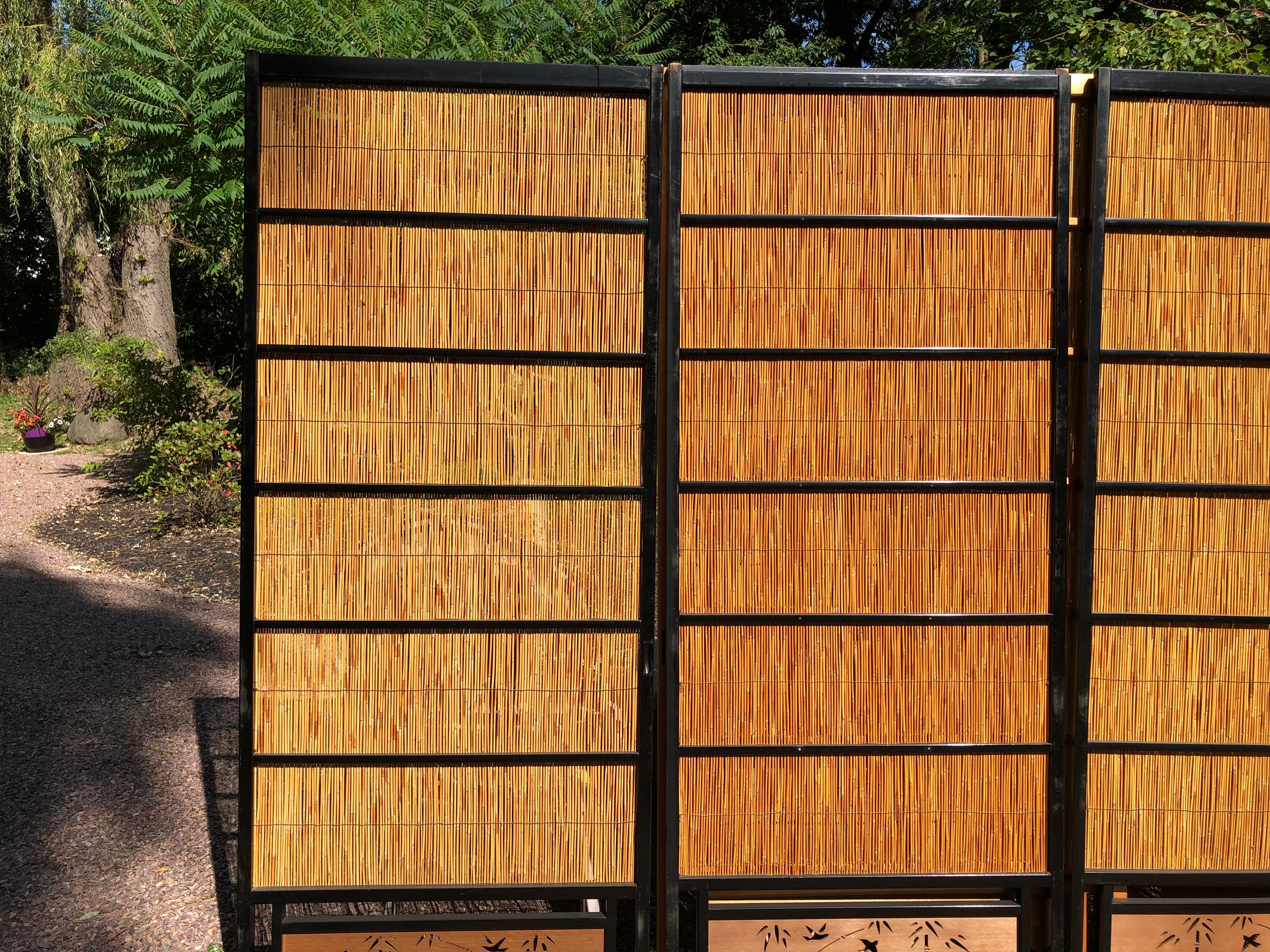 Taisho Japanese Set of Four Fine Black Lacquer Shoji Doors Screens Birds & Bamboo