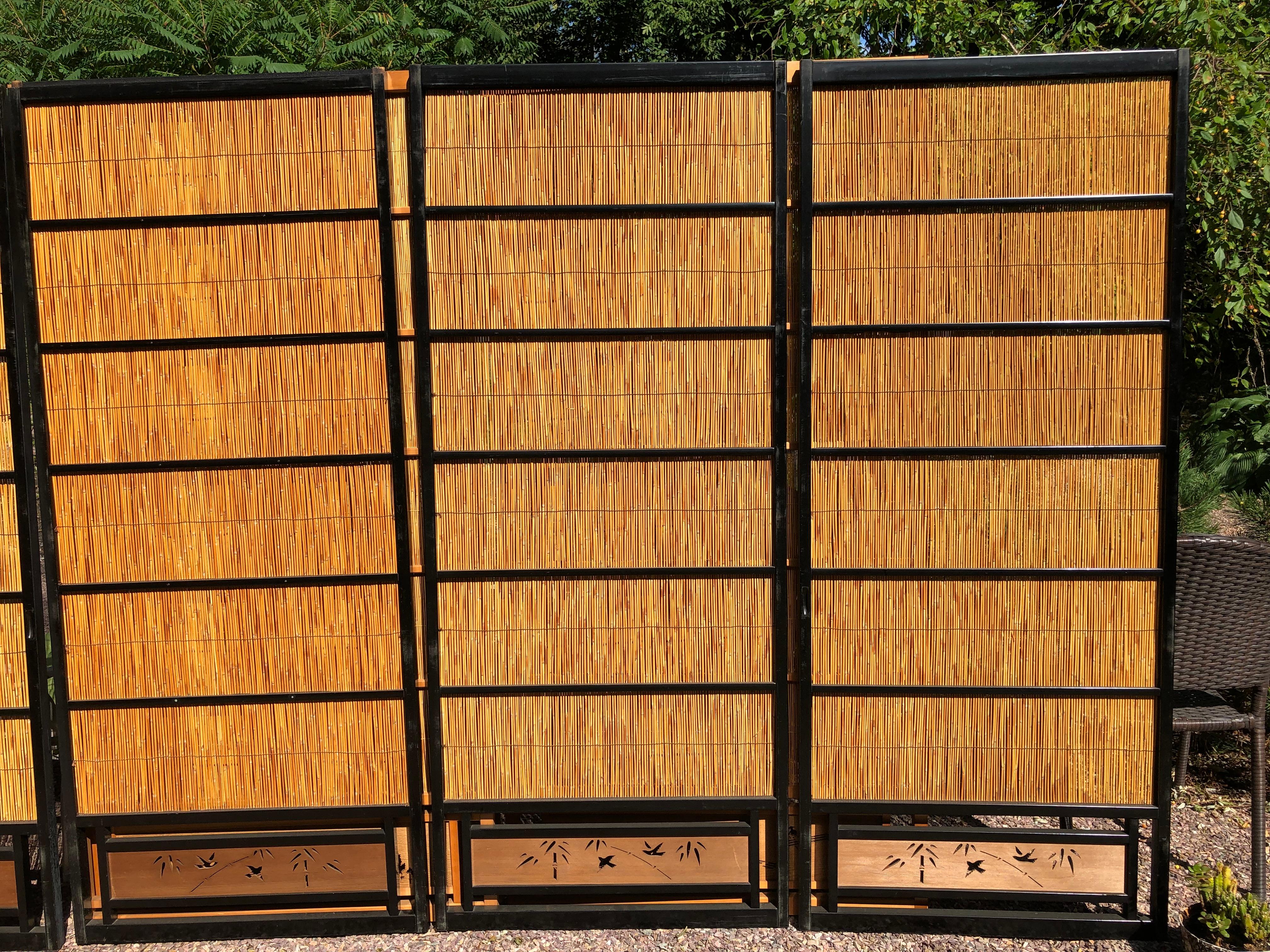 Hand-Crafted Japanese Set of Four Fine Black Lacquer Shoji Doors Screens Birds & Bamboo