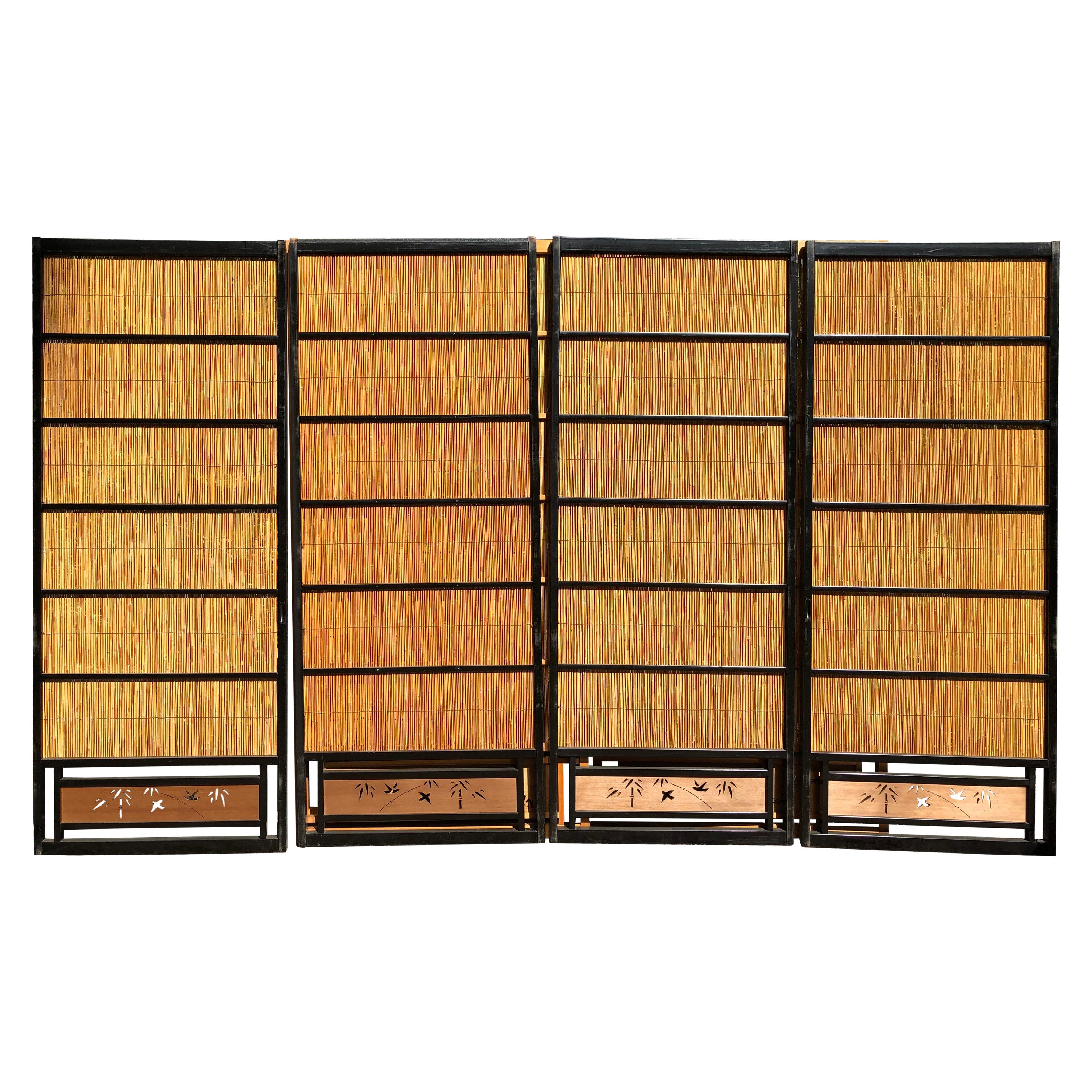 Japanese Set of Four Fine Black Lacquer Shoji Doors Screens Birds & Bamboo