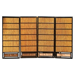 Japanese Set of Four Fine Black Lacquer Shoji Doors Screens Birds & Bamboo