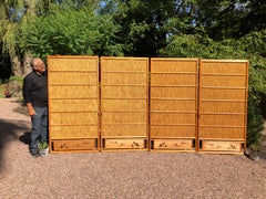 Japanese Antique Set Four Fine Natural Shoji Bamboo Doors Screens, Trees & Boats