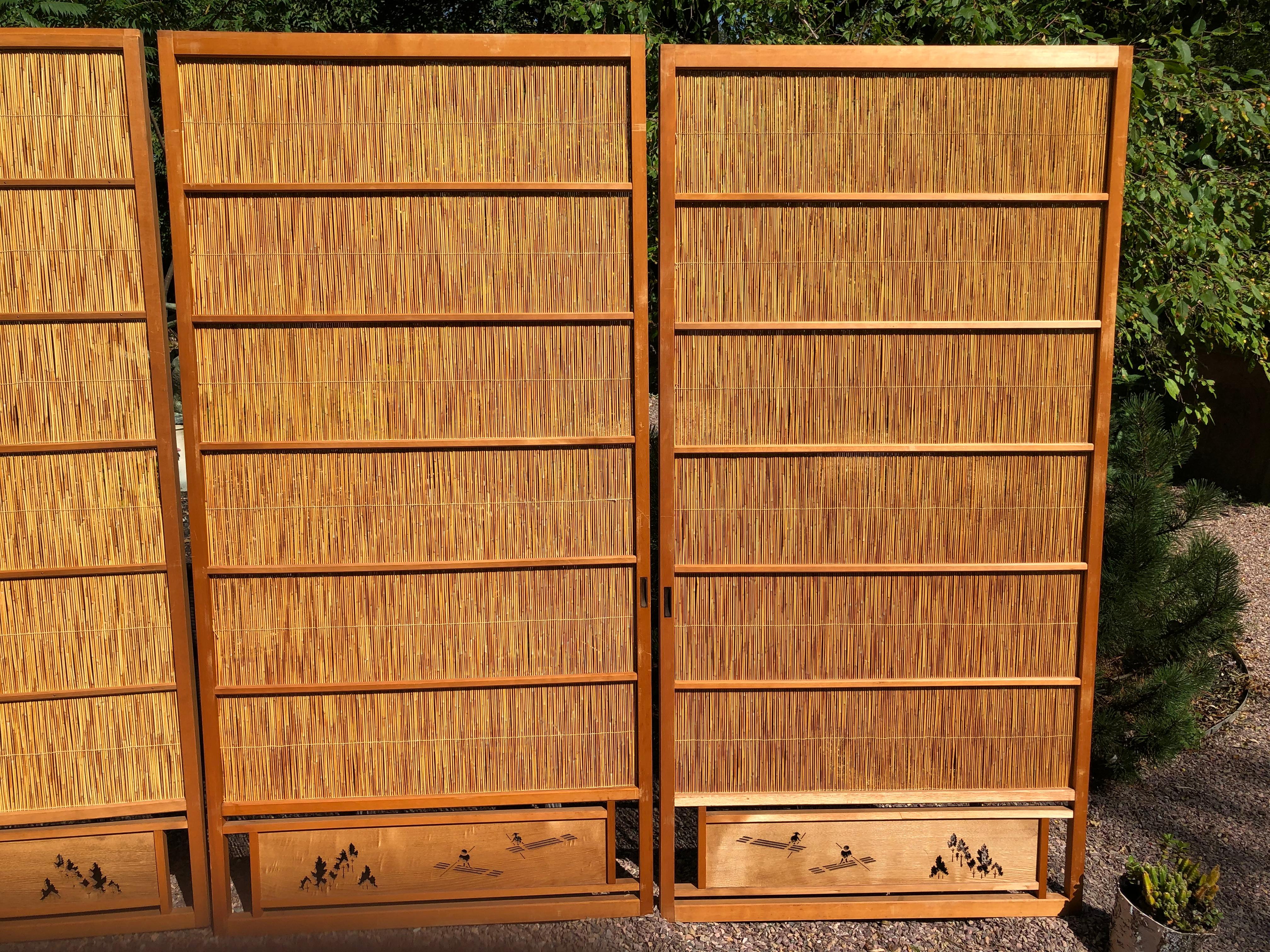 Showa Japanese Antique Set Four Fine Natural Shoji Bamboo Doors Screens, Trees & Boats