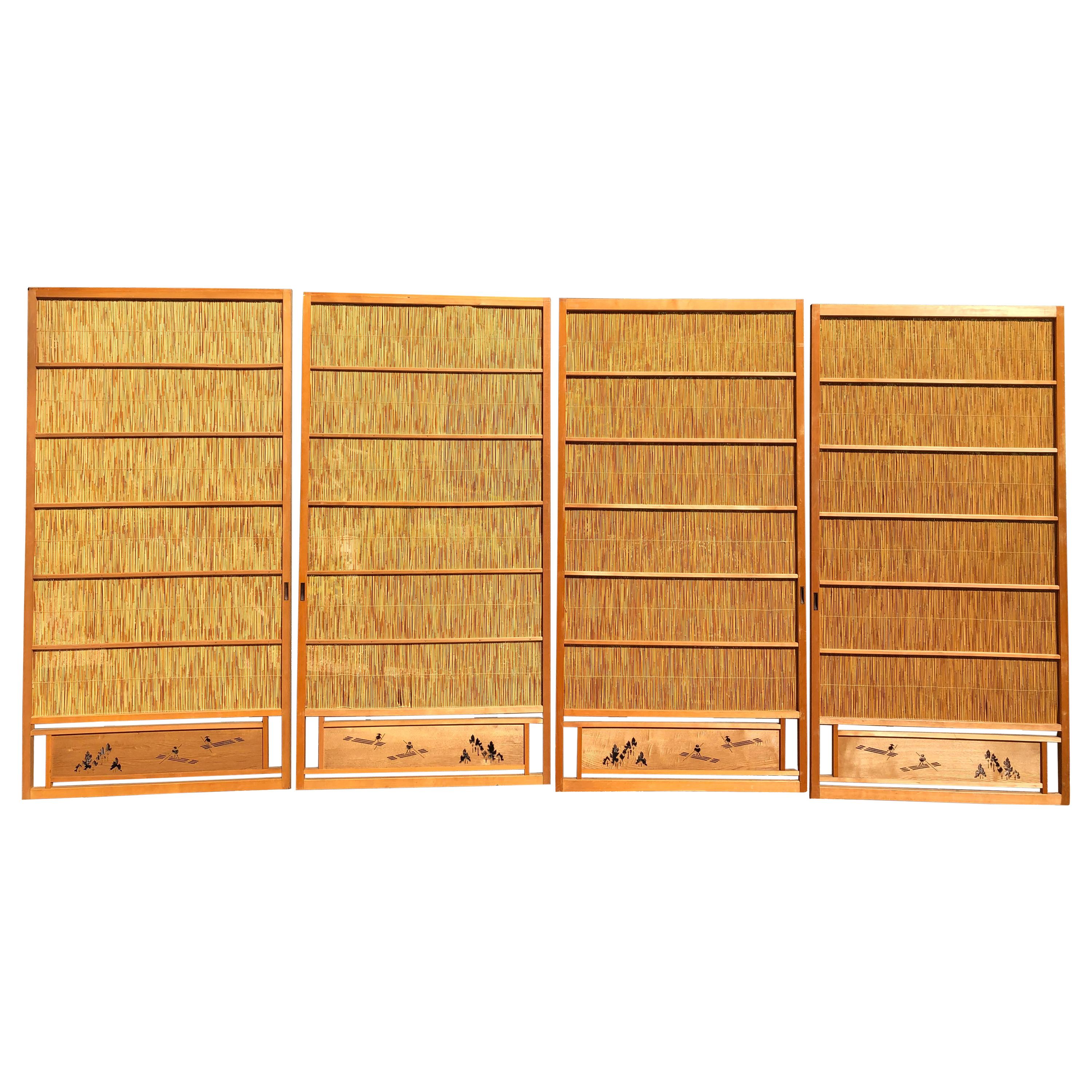 Japanese Antique Set Four Fine Natural Shoji Bamboo Doors Screens, Trees & Boats