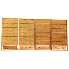 Japanese Retro Set Four Fine Natural Shoji Bamboo Doors Screens, Trees & Boats