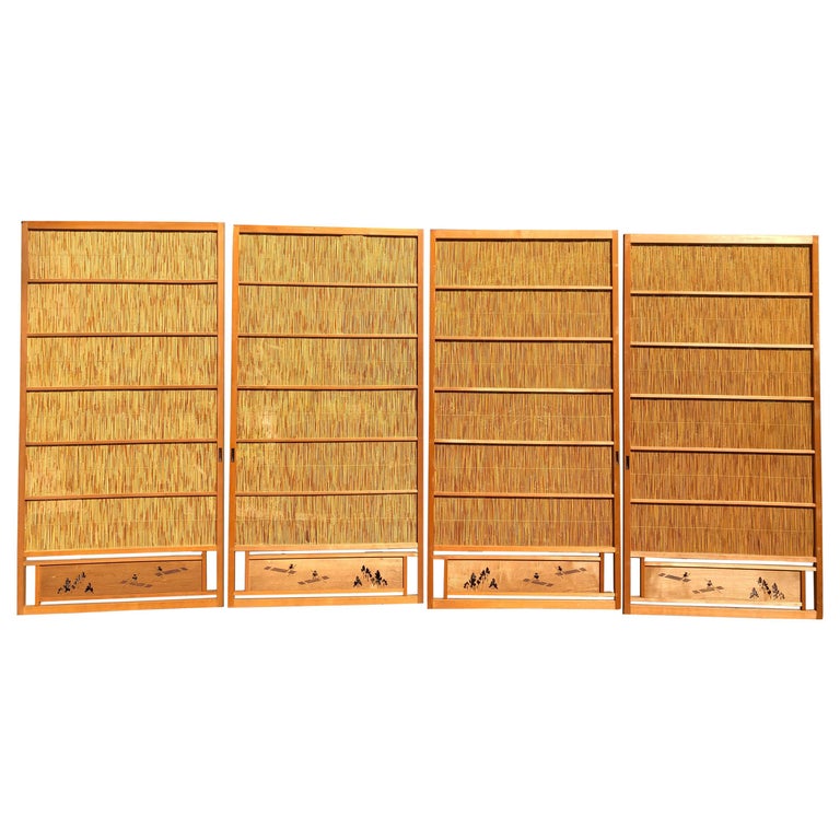 Japanese Antique Set Four Fine Natural Shoji Bamboo Doors Screens, Trees and Boats at 1stDibs