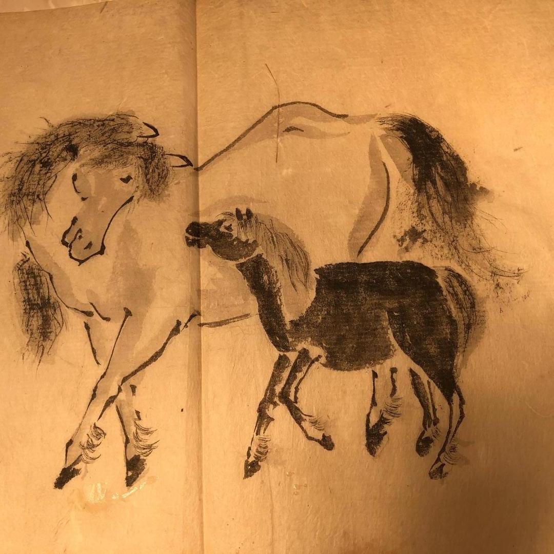Hand-Crafted Japanese Antique Set Hand Color Paintings Horses, Horses, Manuscript Album