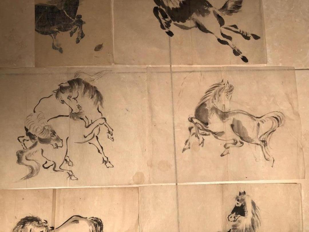Paper Japanese Antique Set Hand Color Paintings Horses, Horses, Manuscript Album