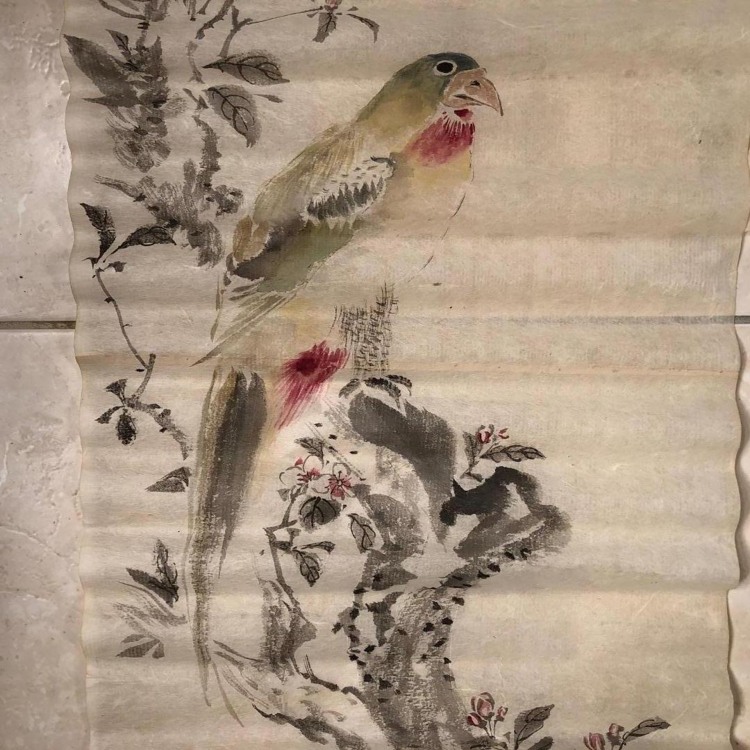Meiji Japanese Antique Set Hand Paintings Birds, Lillies, Flowers, Manuscript Album