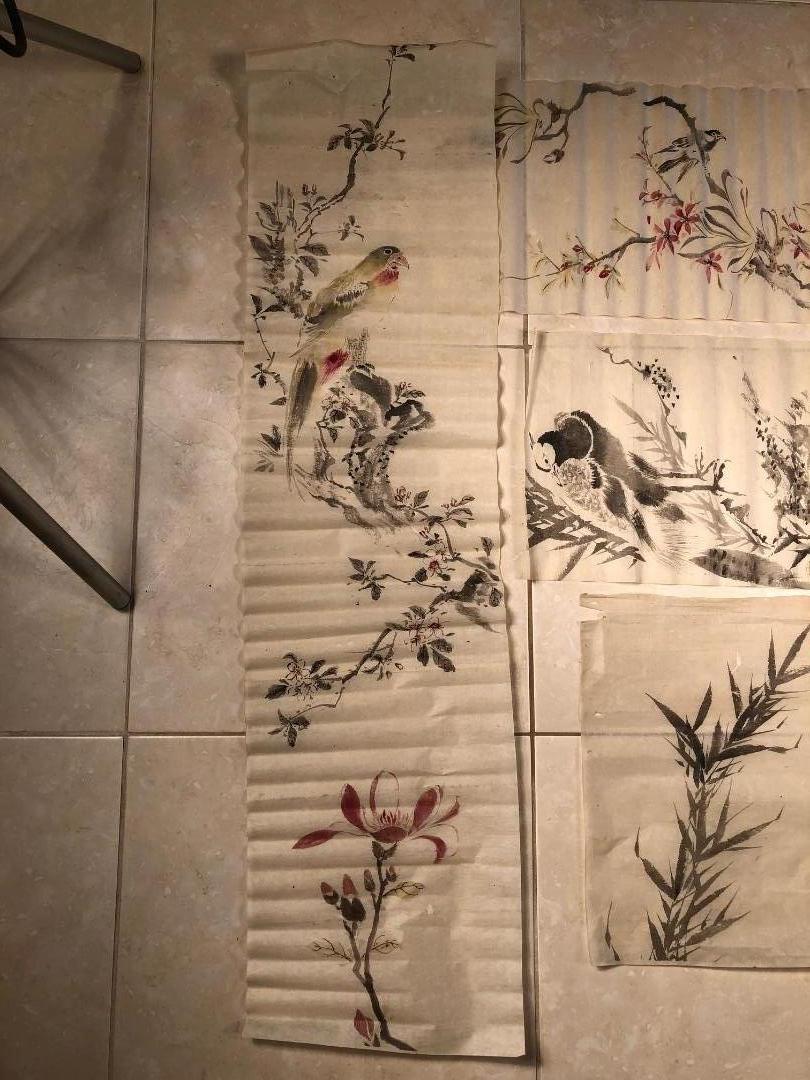 19th Century Japanese Antique Set Hand Paintings Birds, Lillies, Flowers, Manuscript Album