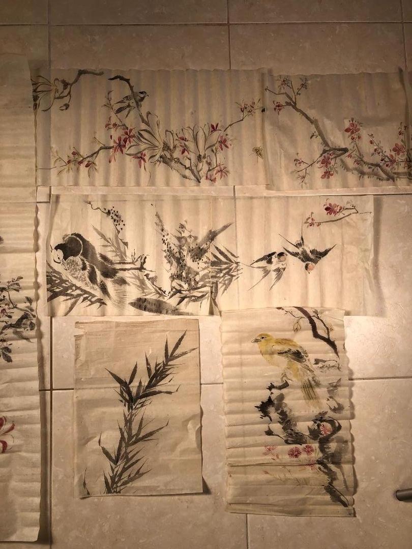 Japanese Antique Set Hand Paintings Birds, Lillies, Flowers, Manuscript Album 1
