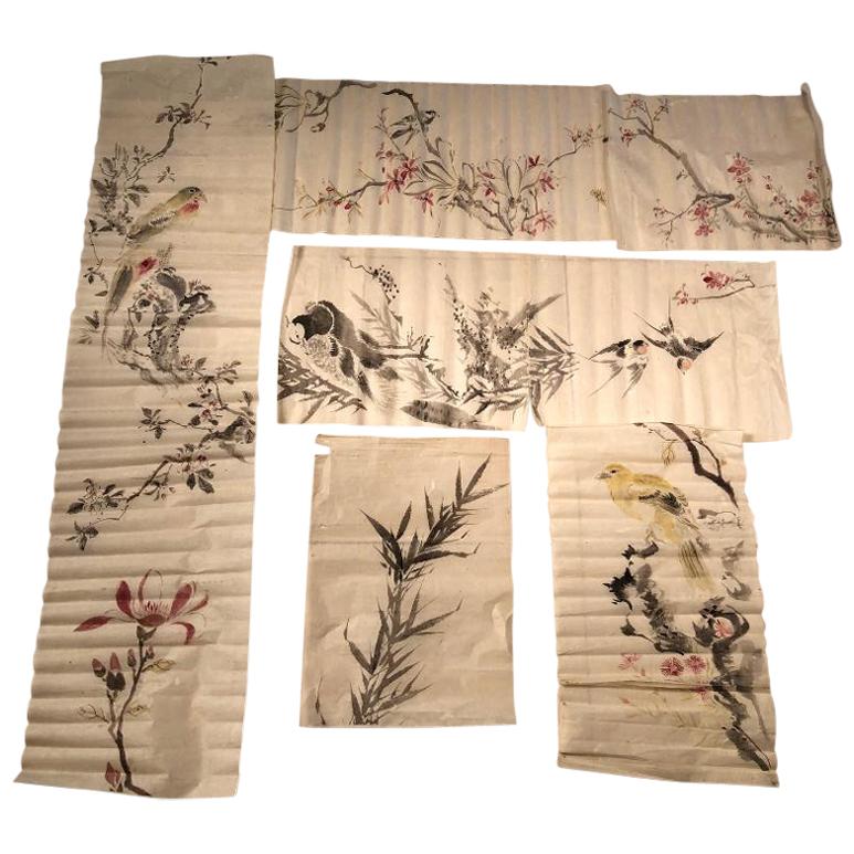 Japanese Antique Set Hand Paintings Birds, Lillies, Flowers, Manuscript Album