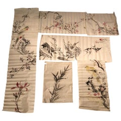 Japanese Antique Set Hand Paintings Birds, Lillies, Flowers, Manuscript Album