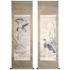 Japanese Antique Set of Two Hand Painted "Wild Geese" Silk Scroll Set