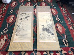 Japanese Antique Set of Two Hand Painted "Wild Geese" Silk Scroll Set