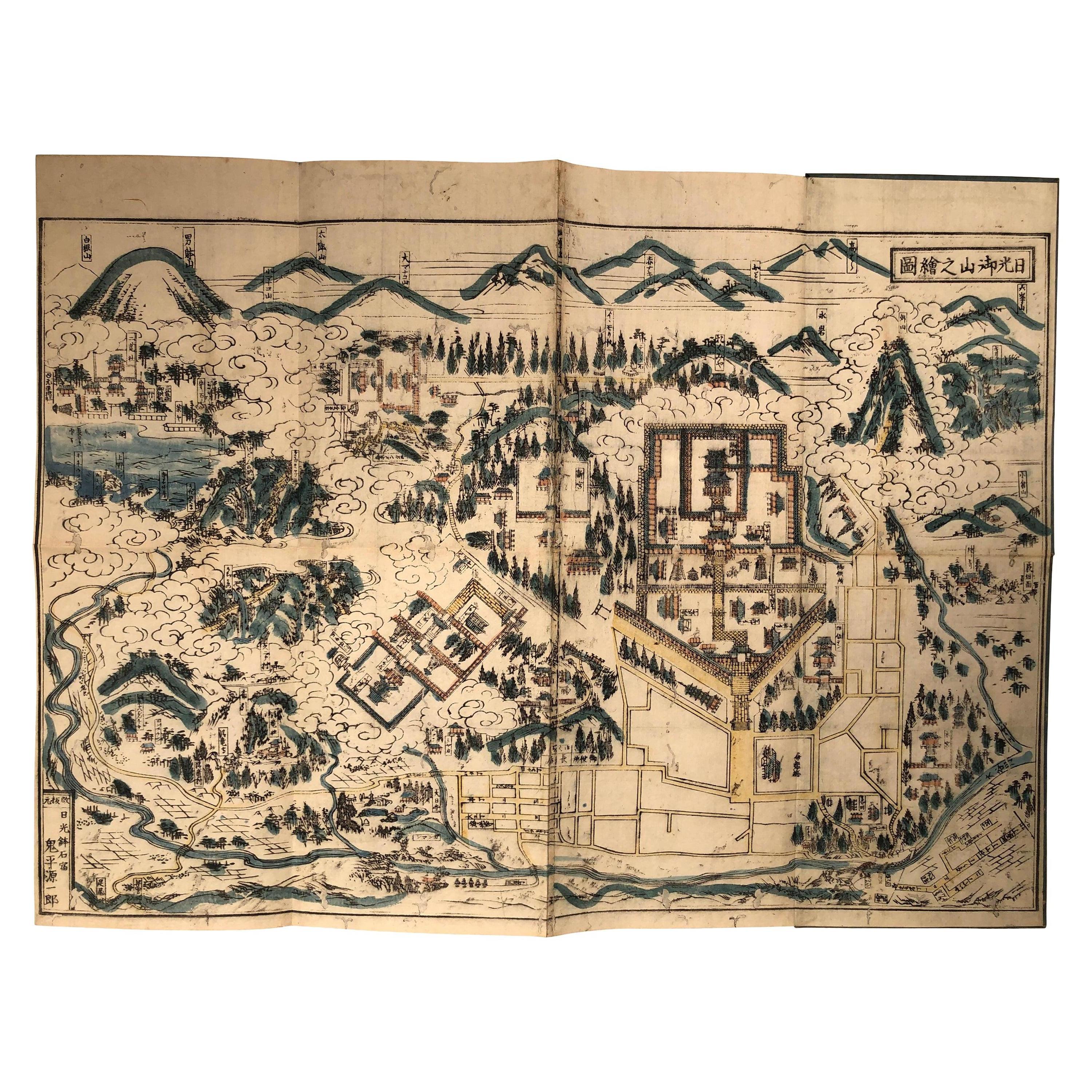 Japanese Antique Shinto Mountain Woodblock Map Nikko 1840