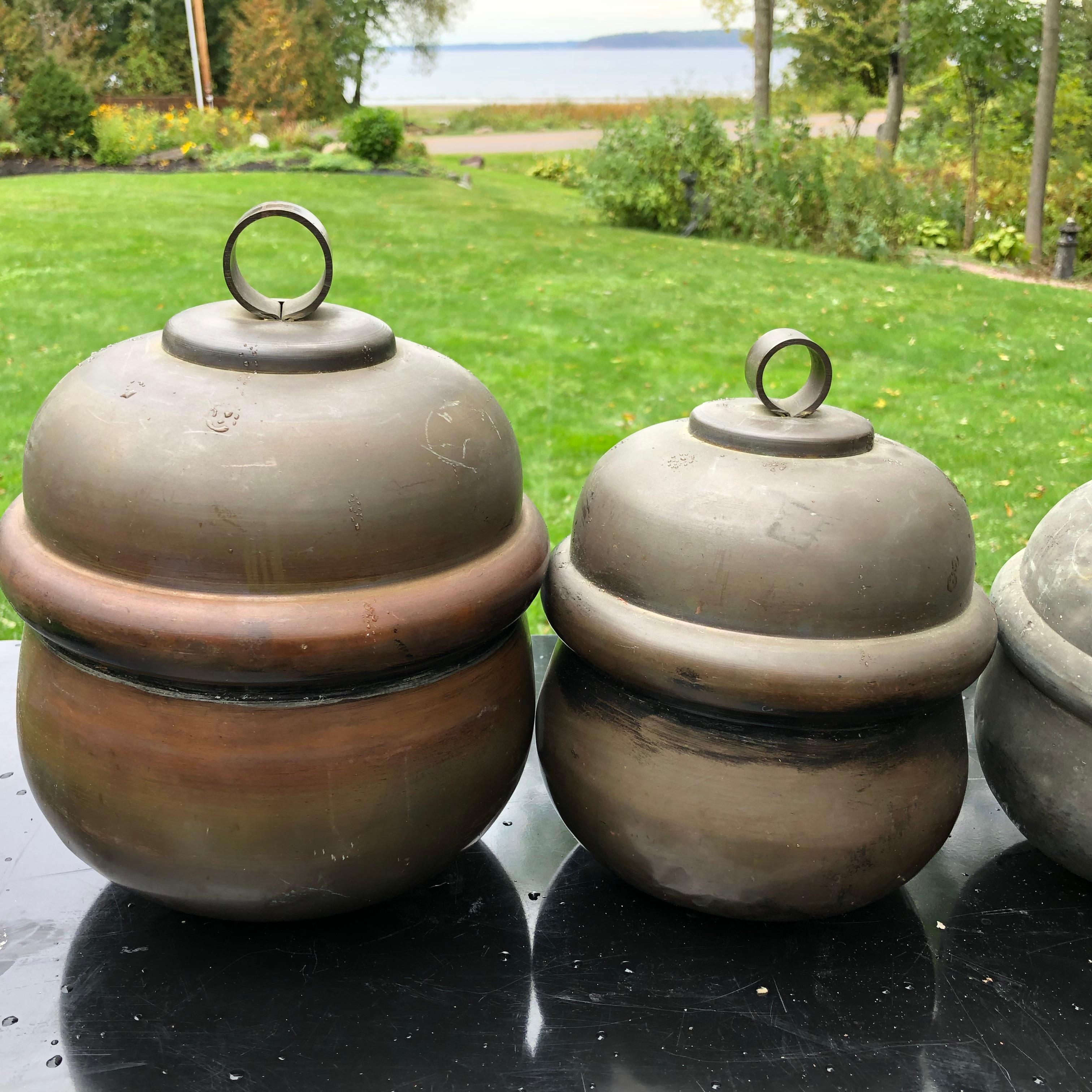 Japanese Antique Shinto Suzu Temple Bell Set Four '4' and Rope Handle, Rare Find In Good Condition In South Burlington, VT