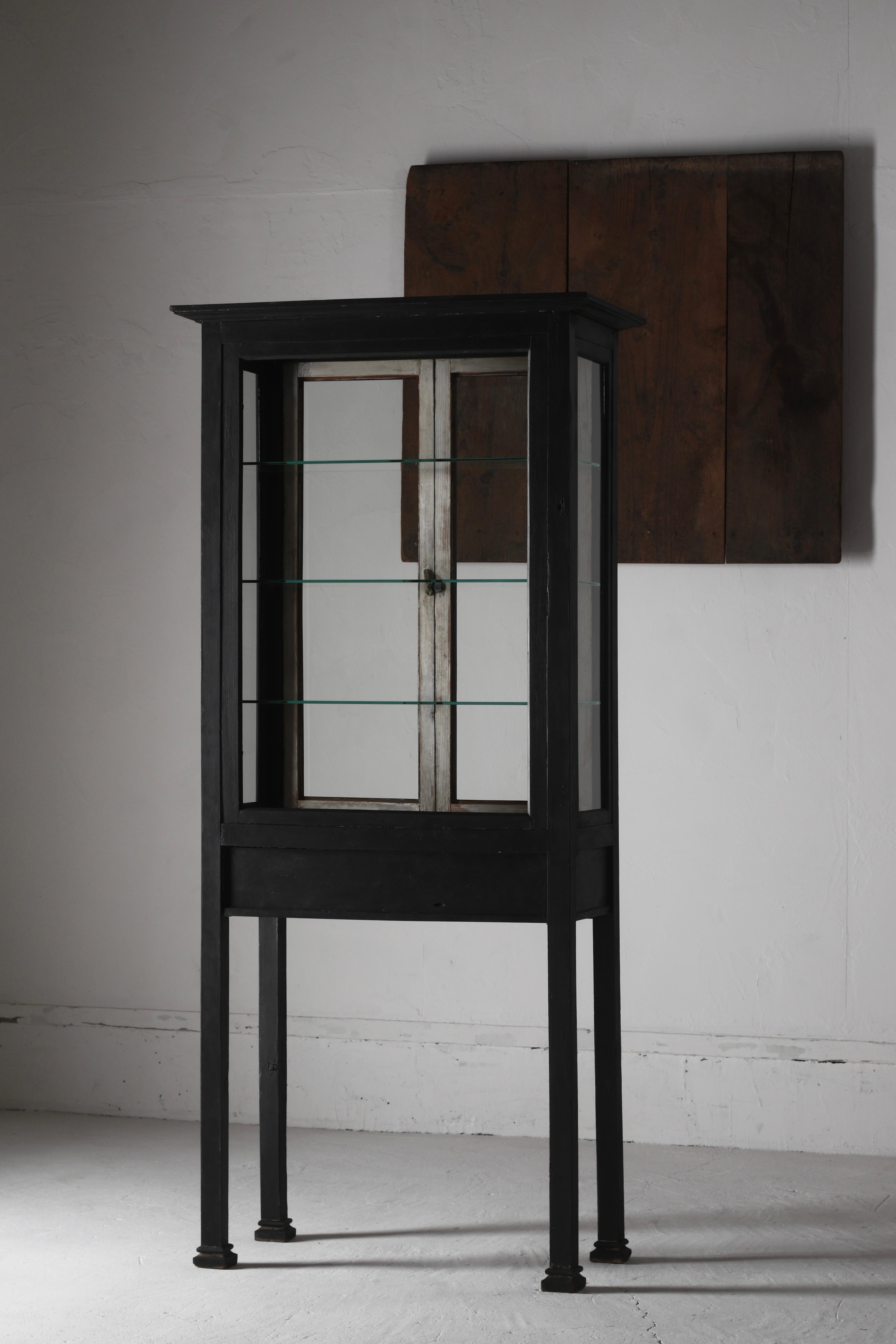 This is an old Japanese medical glass case.

It looks like a black showcase, but only the back of the door leaves an old white paint.

When you open the door, the black frame is accented with the white color of the door.

By adding white and black