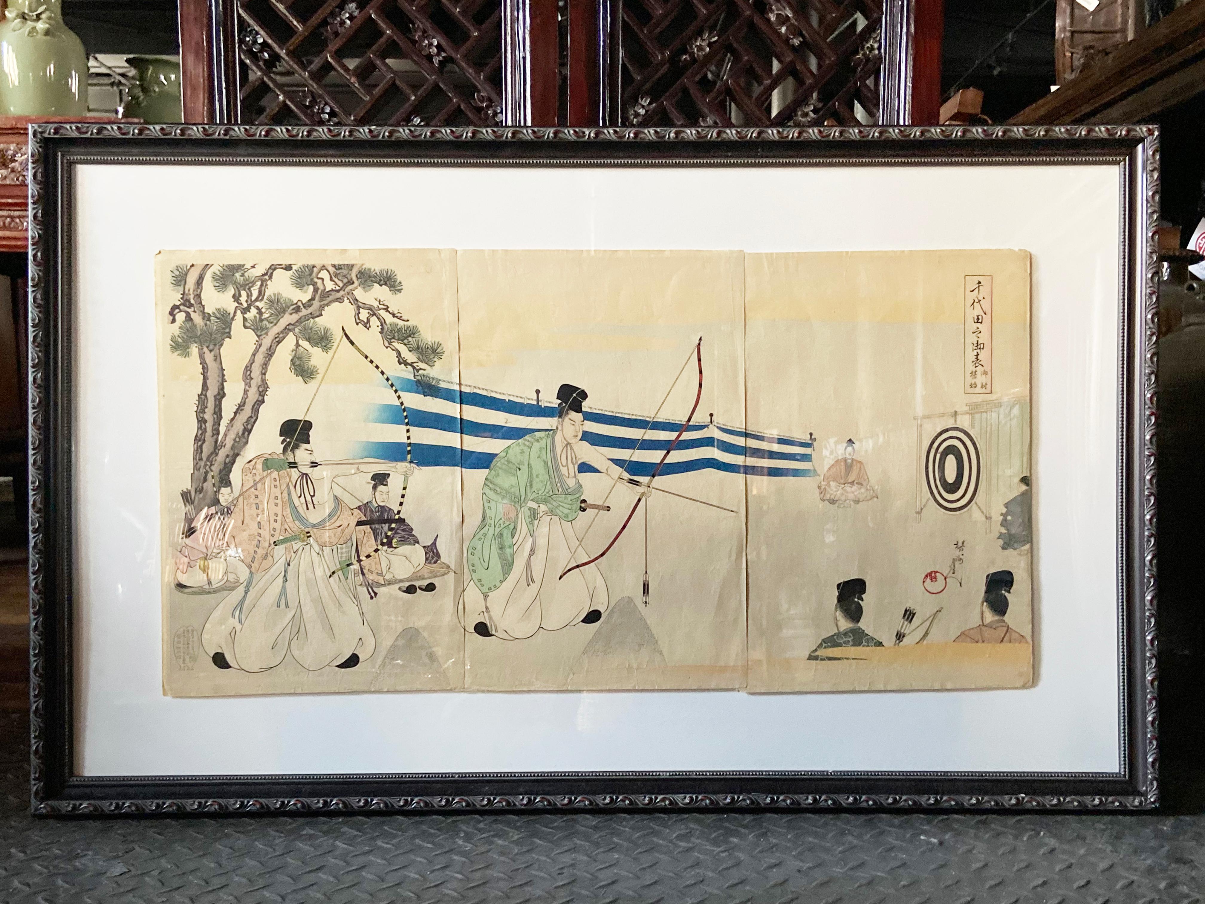 Japanischer japanischer Meiji Chikanobu Toyohara-Holzschnitt mit Bogenturnier-Druck (Meiji-Periode) im Angebot