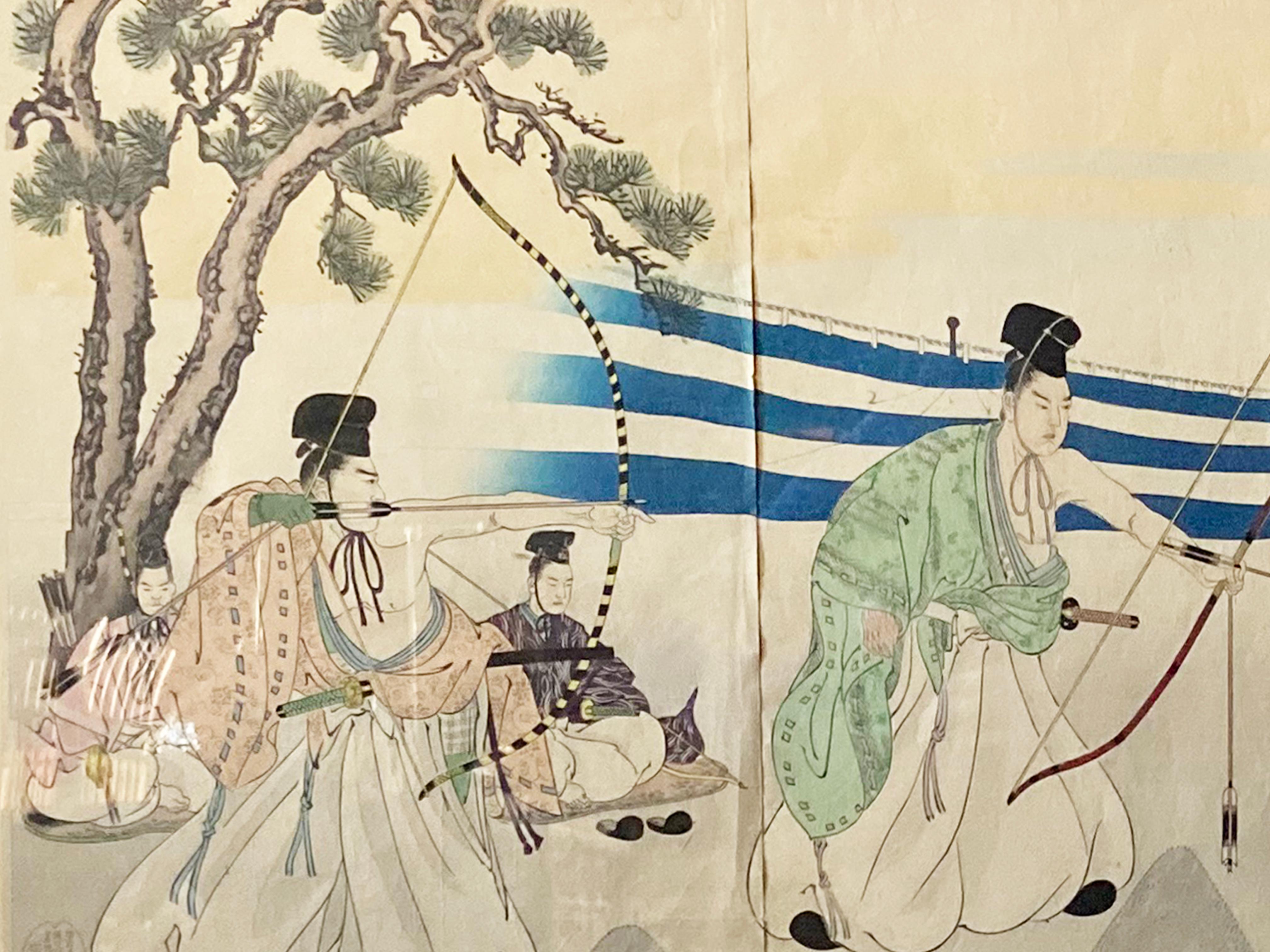 19th Century Japanese Meiji Chikanobu Toyohara Framed Woodblock Print with Archery Tournament For Sale