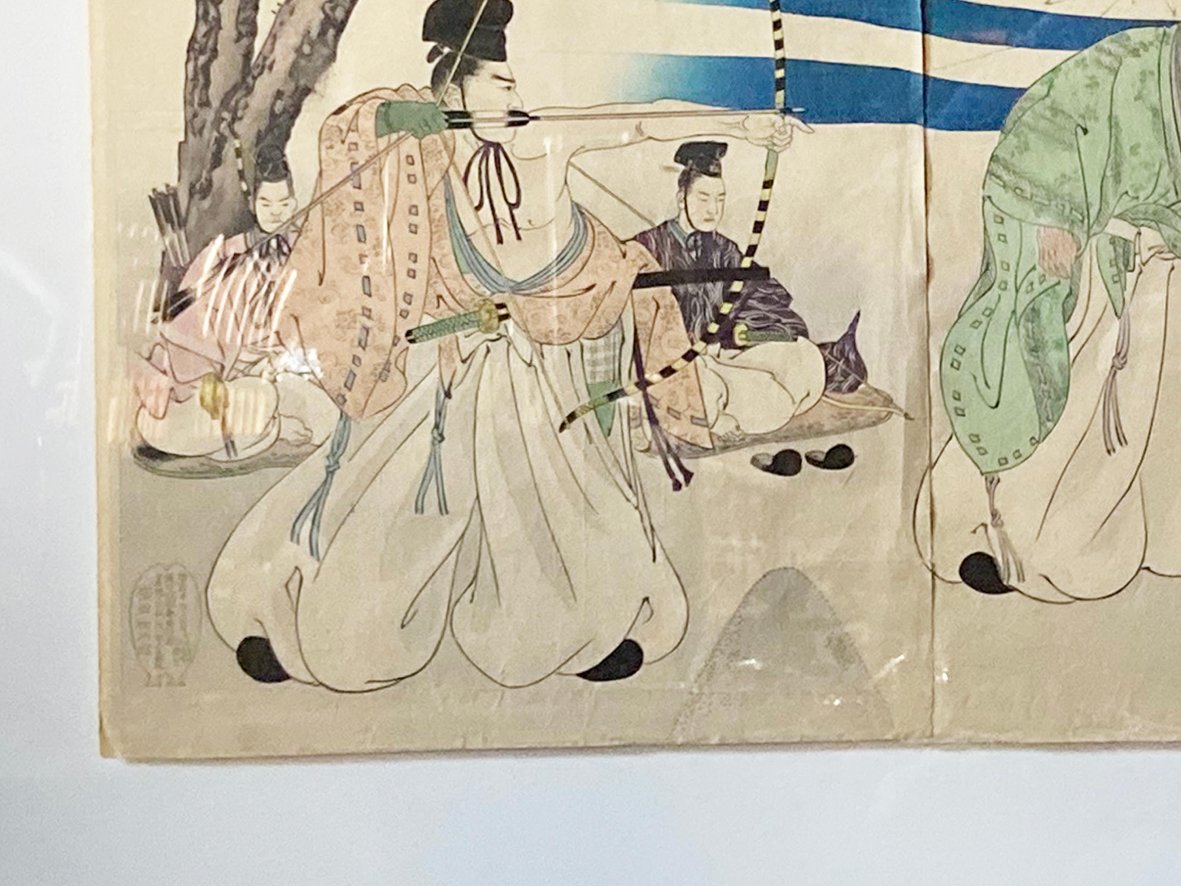 Glass Japanese Meiji Chikanobu Toyohara Framed Woodblock Print with Archery Tournament For Sale