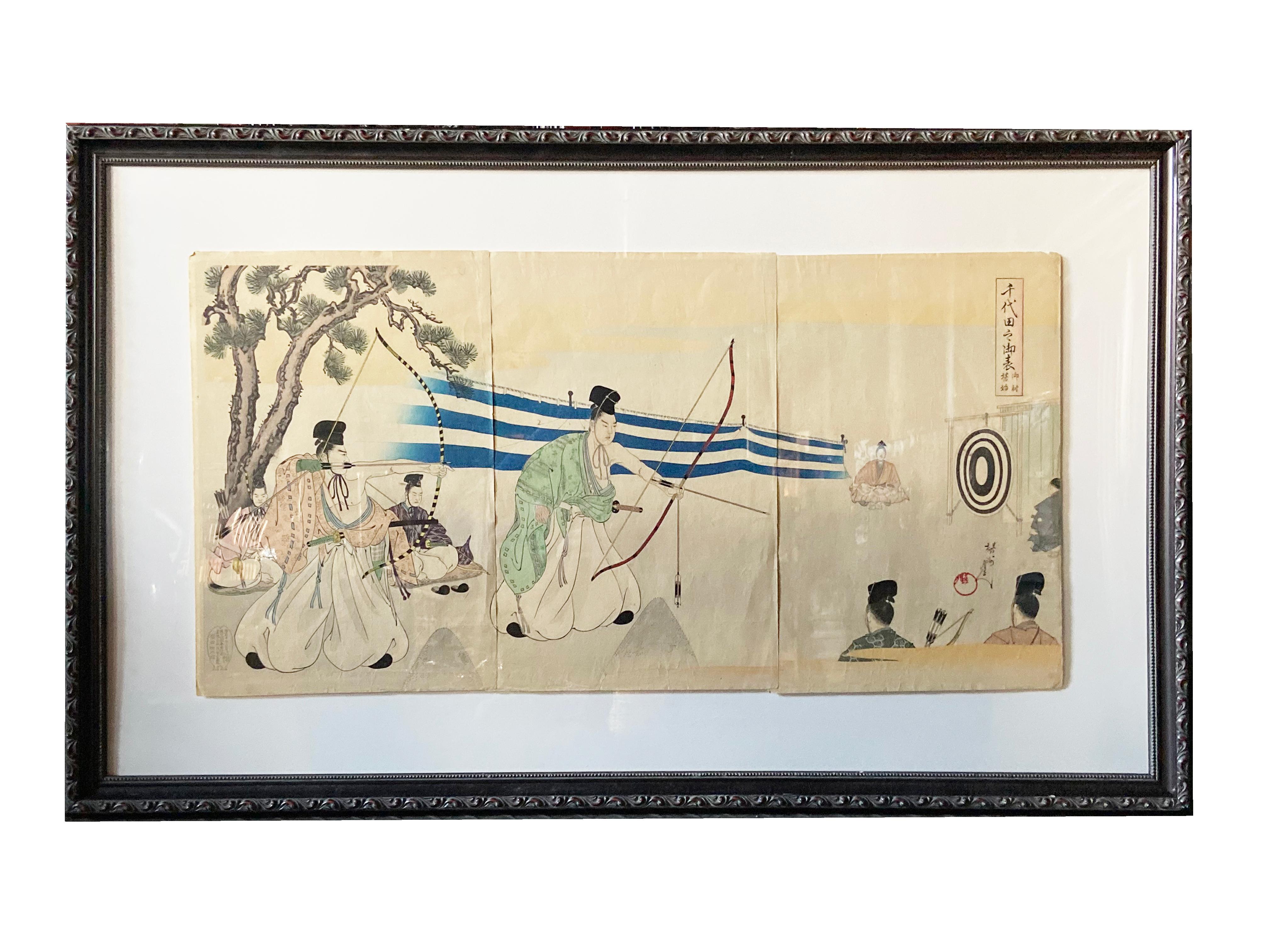 Japanese Meiji Chikanobu Toyohara Framed Woodblock Print with Archery Tournament For Sale 3