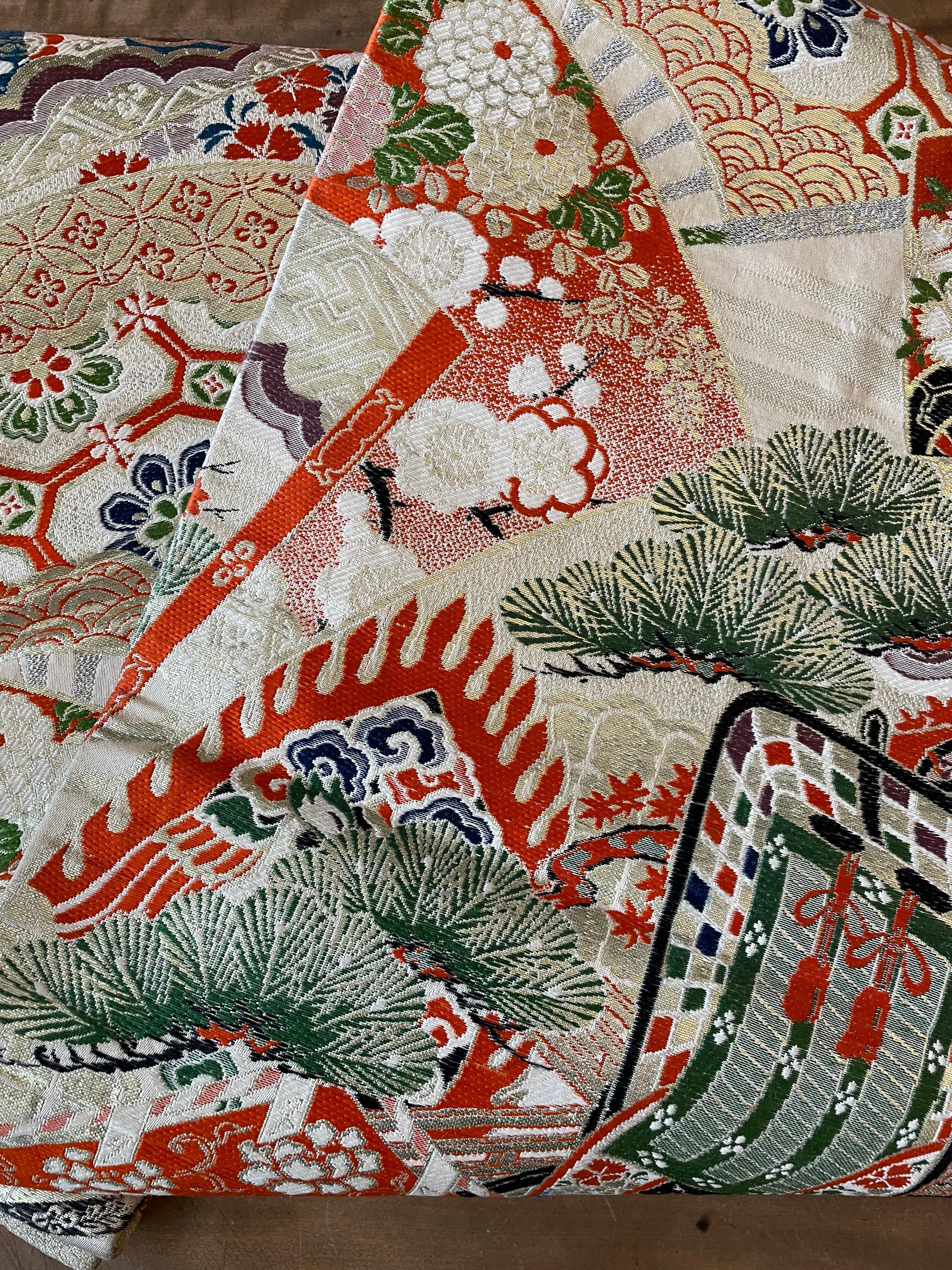 Showa Japanese Antique Silk Kimono Obi Belt Nishijin-Ori 1960s