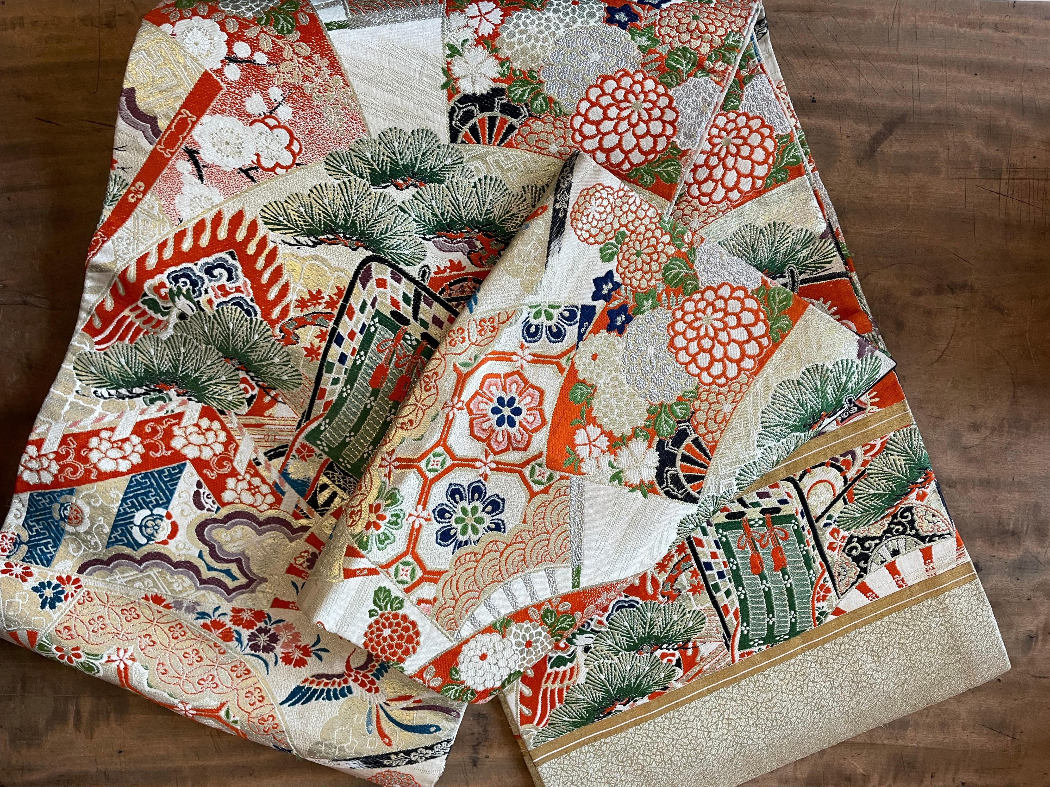 Mid-20th Century Japanese Antique Silk Kimono Obi Belt Nishijin-Ori 1960s