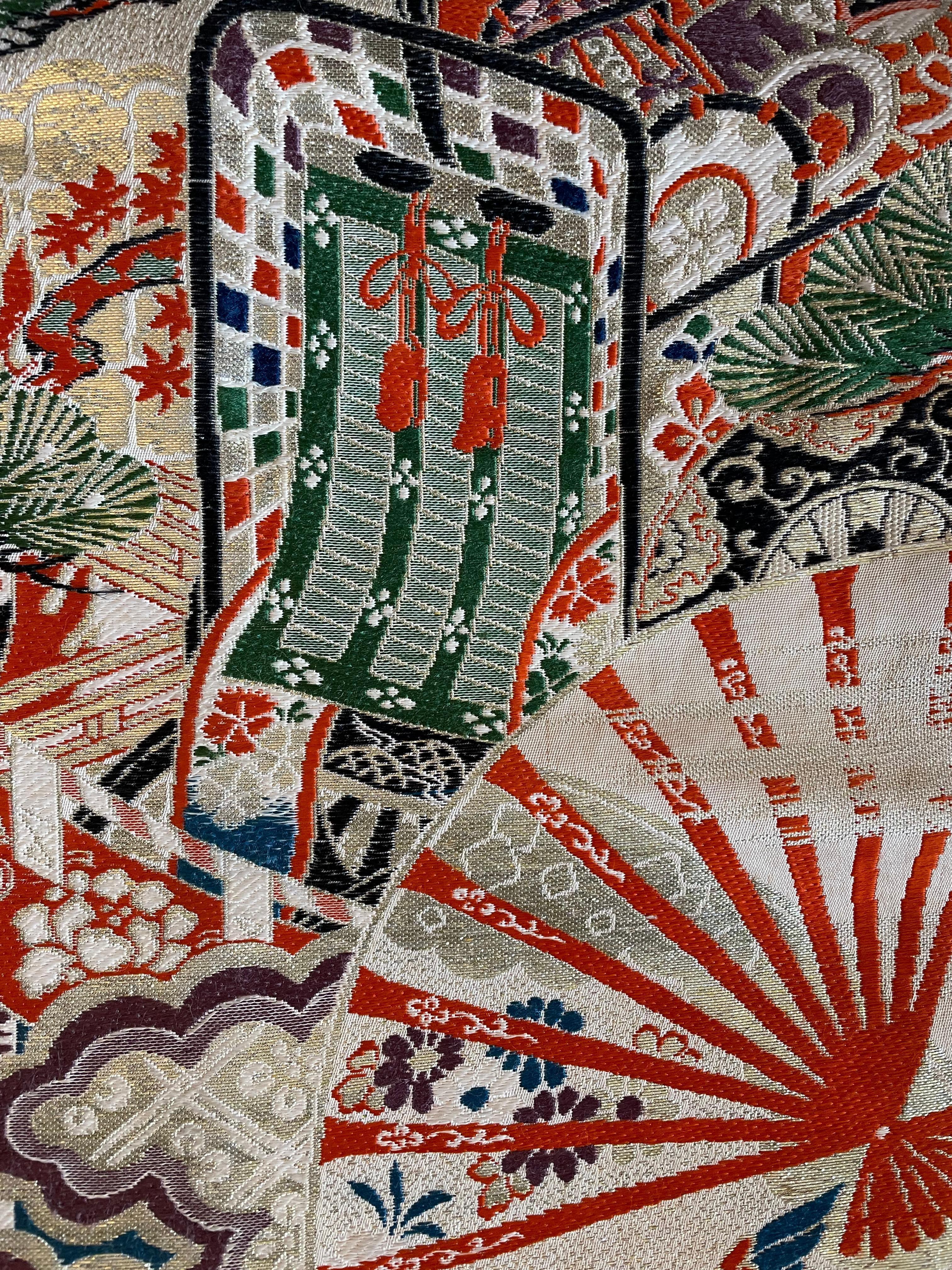 Japanese Antique Silk Kimono Obi Belt Nishijin-Ori 1960s 1