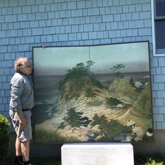 Japanese Antique Silk Screen "Beautiful Beach, Boats & Mountains "Landscape