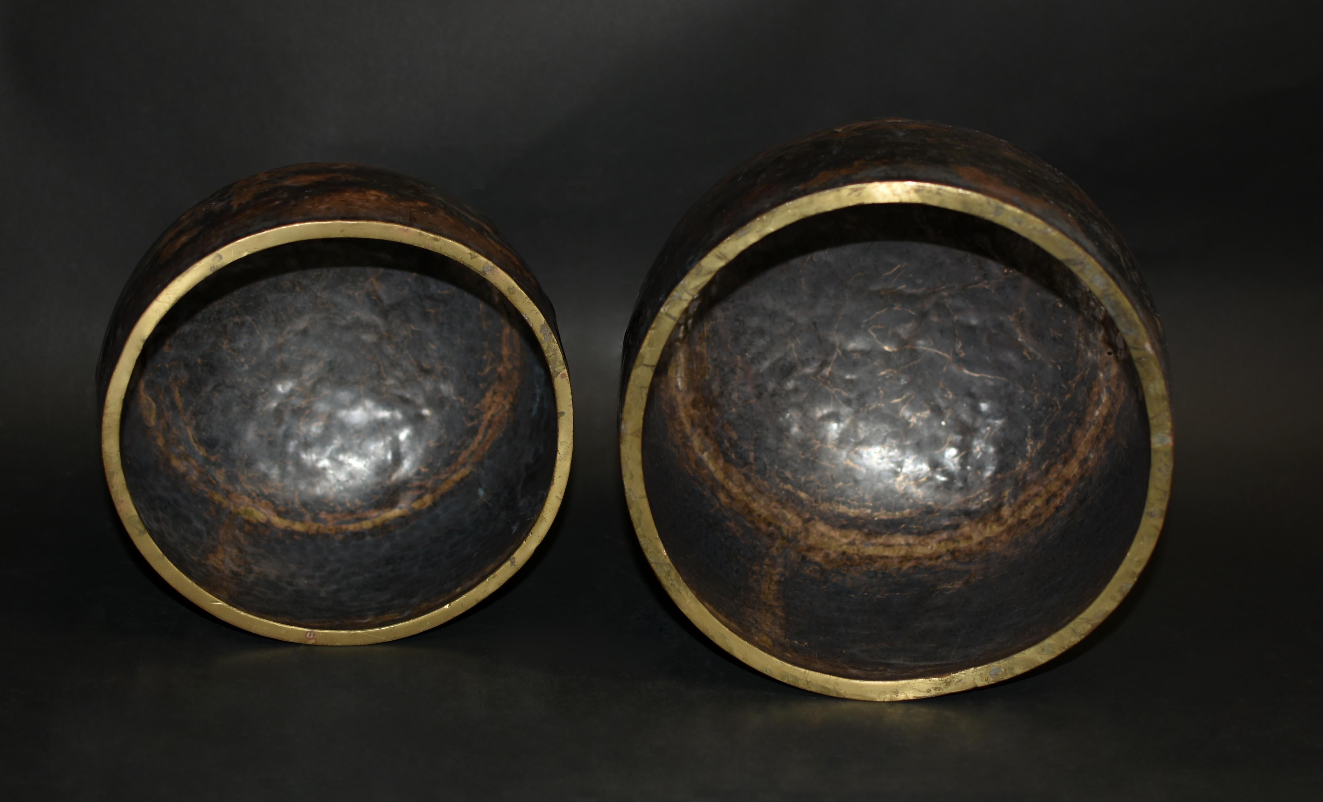 A set of very special antique Japanese singing bowls. These substantial, solid bronze bowls were hand crafted by master artisans, weighing nearly 7.5 lb together. Thick 1/2