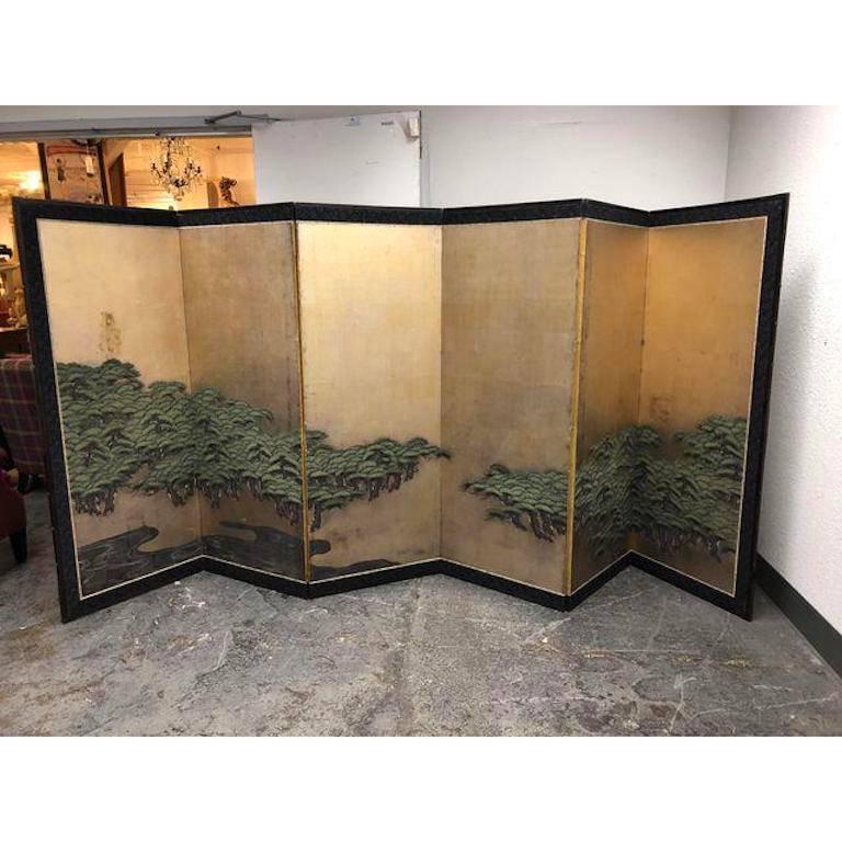 Japanese Antique SixPanel Folding Screen Hamatsu, Clouds and Pines