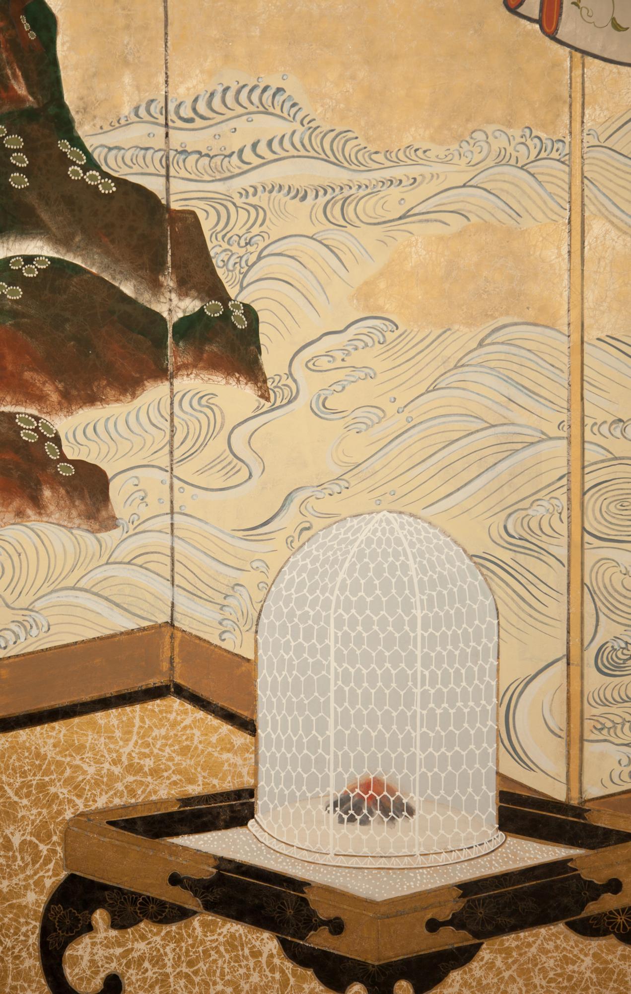 Kano School painting depicting an interior with finery such as a lacquer table, silk textiles, and other paintings. The fusuma doors appear to be a famous Sesshu Toyo painting, and the free-standing, folded 