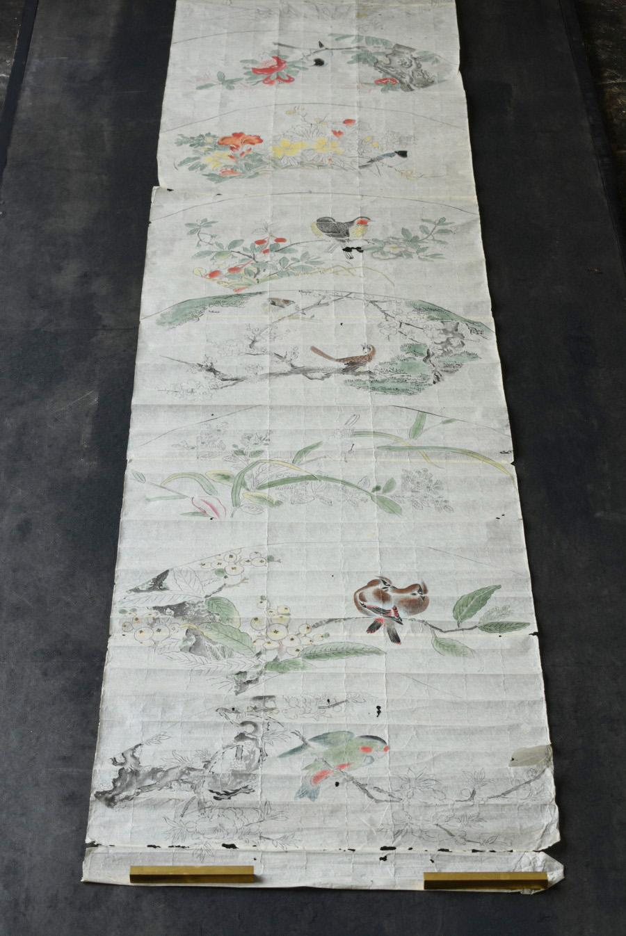 Edo Rouleau de croquis japonais ancien / 1800-1900 / Peintures de fleurs, d'oiseaux et d'animaux en vente