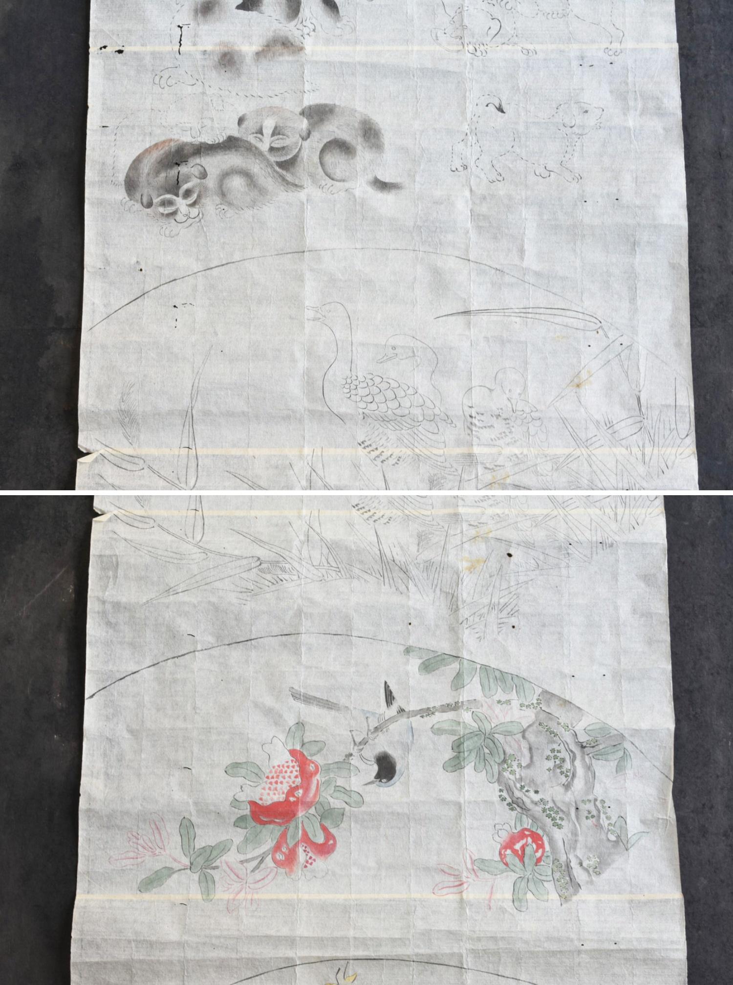 Rouleau de croquis japonais ancien / 1800-1900 / Peintures de fleurs, d'oiseaux et d'animaux Bon état - En vente à Sammu-shi, Chiba