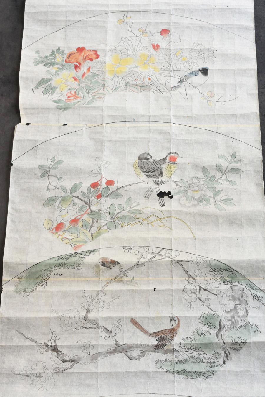 XIXe siècle Rouleau de croquis japonais ancien / 1800-1900 / Peintures de fleurs, d'oiseaux et d'animaux en vente