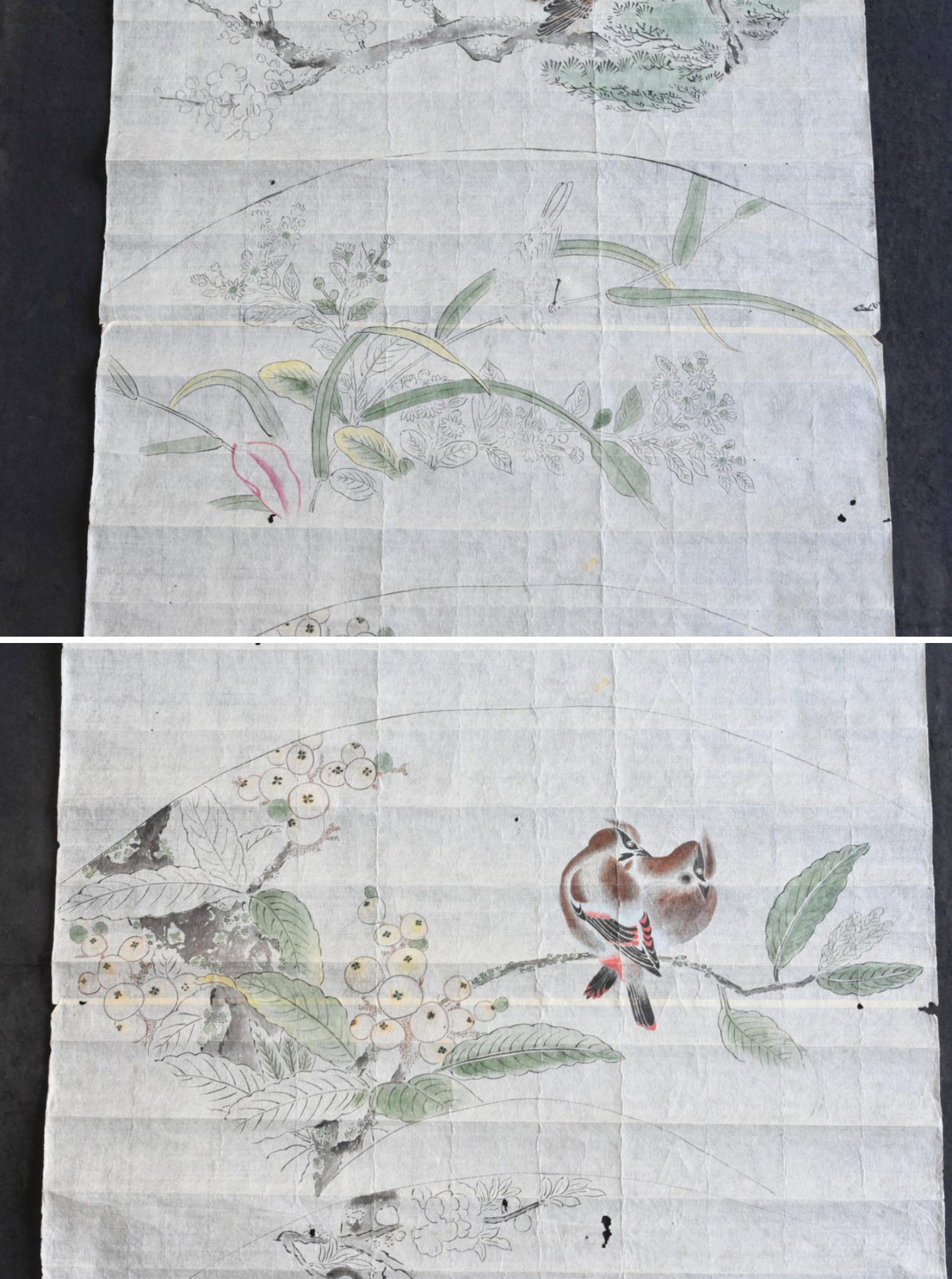 Papier Rouleau de croquis japonais ancien / 1800-1900 / Peintures de fleurs, d'oiseaux et d'animaux en vente