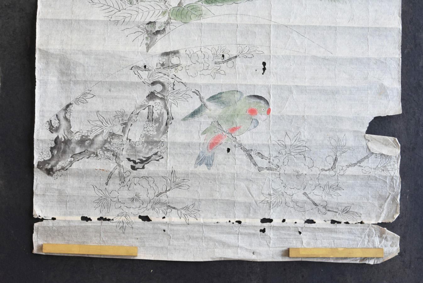 Rouleau de croquis japonais ancien / 1800-1900 / Peintures de fleurs, d'oiseaux et d'animaux en vente 1
